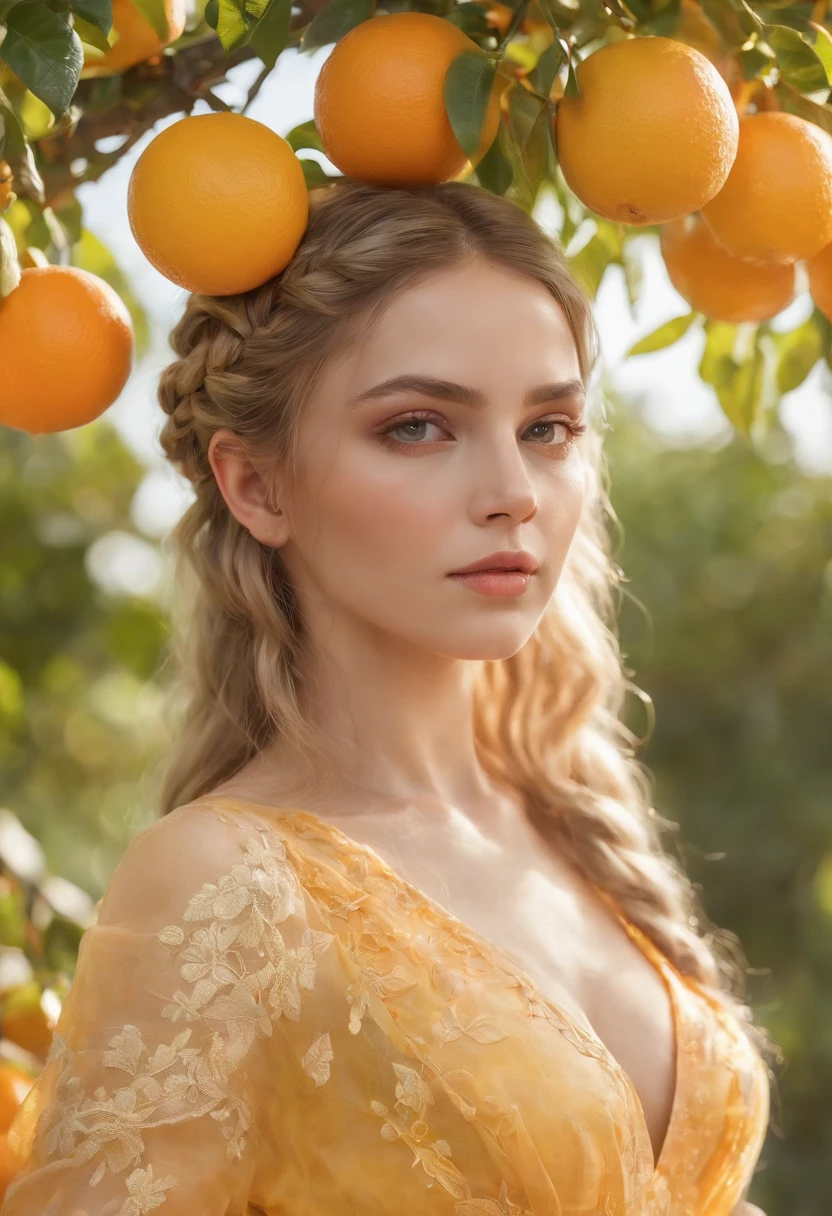 (ultra high res,best quality), (8k, best quality, masterpiece), ((nsfw)),best quality, masterpiece, illustration,CG ,unity ,wallpaper, official art, Amazing, finely detail, an extremely delicate and beautiful,extremely detailed, highly detailed, sharp focus,rich background,blurry background, ((small breasts)) With robes that shimmer like citrus fruit, this enchantress wields the power of oranges, lemons, and limes. Her staff is topped with a glowing orb that changes color, resembling the shifting shades of a sunset over an orchard. Her hair is styled in intricate braids adorned with citrus slices, and her eyes have a sparkling vibrancy like freshly squeezed juice,upper body