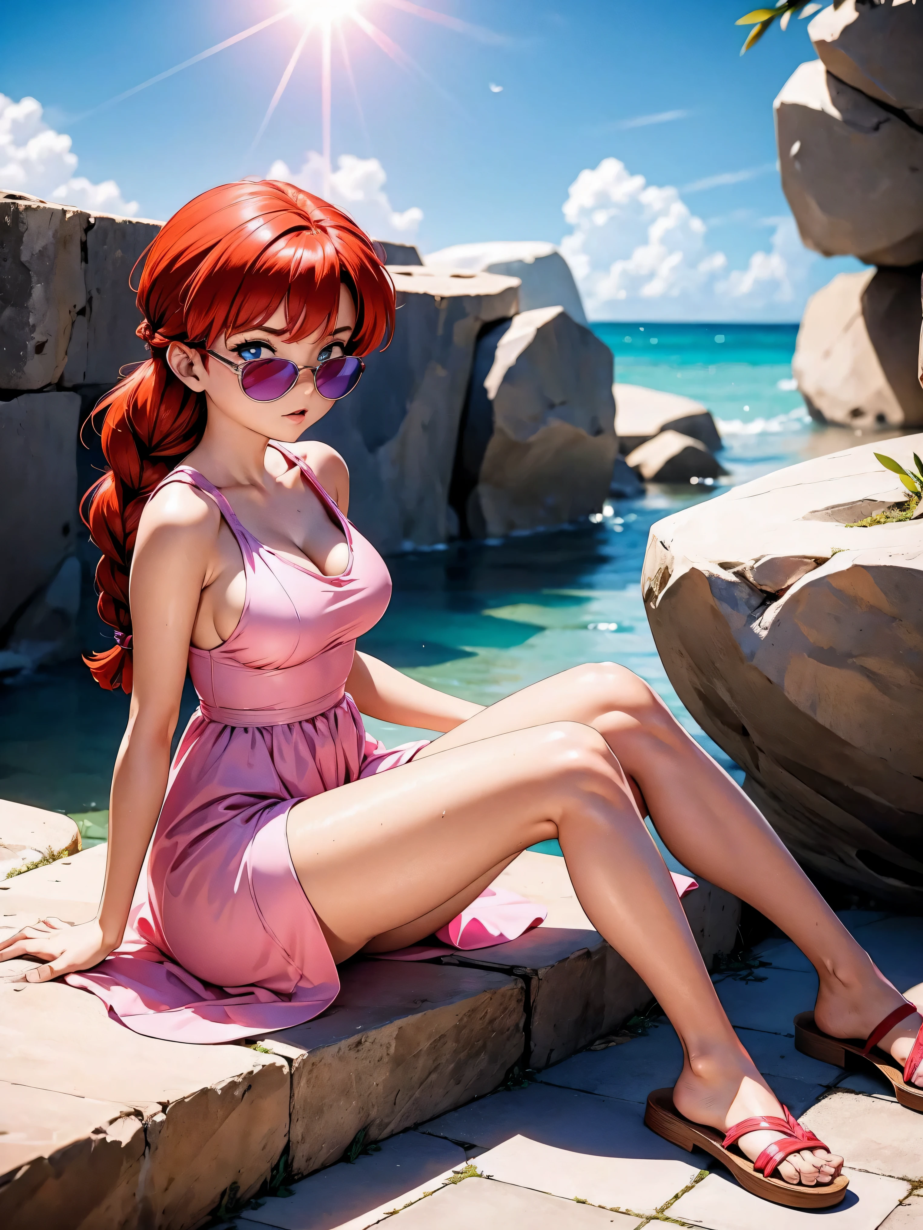 Chica anime pelirroja con vestido largo rosa, CON GAFAS DE SOL, gafas de sol ray ban, 16 años, cuerpo bonito, senos grandes, con las manos detrás de la cabeza, pasando tus manos por tu cabello, chica sexy, red pelo con trenza , Magnífica iluminación, sombras suaves, ojos azules, bonitas piernas, pelo con trenza, estilo anime, Ranma Chan, Autora Rumiko Takahashi, Basado en una obra de Rumiko Takahashi, Anime Ranma 1/ 2, decoración sexy, cadera robusta, cuerpo entero, cuerpo entero, busto grande, chica joven con cuerpo hermoso y hermoso, sandalias en sus pies, garota 16 años jovem baixa estatura, vistiendo un vestido largo rosa y gafas de sol, gafas de sol ray ban, chica anime, estilo anime, hermosos pies en sandalias, sentado en el suelo, Ángulo de visión de 45°, al aire libre