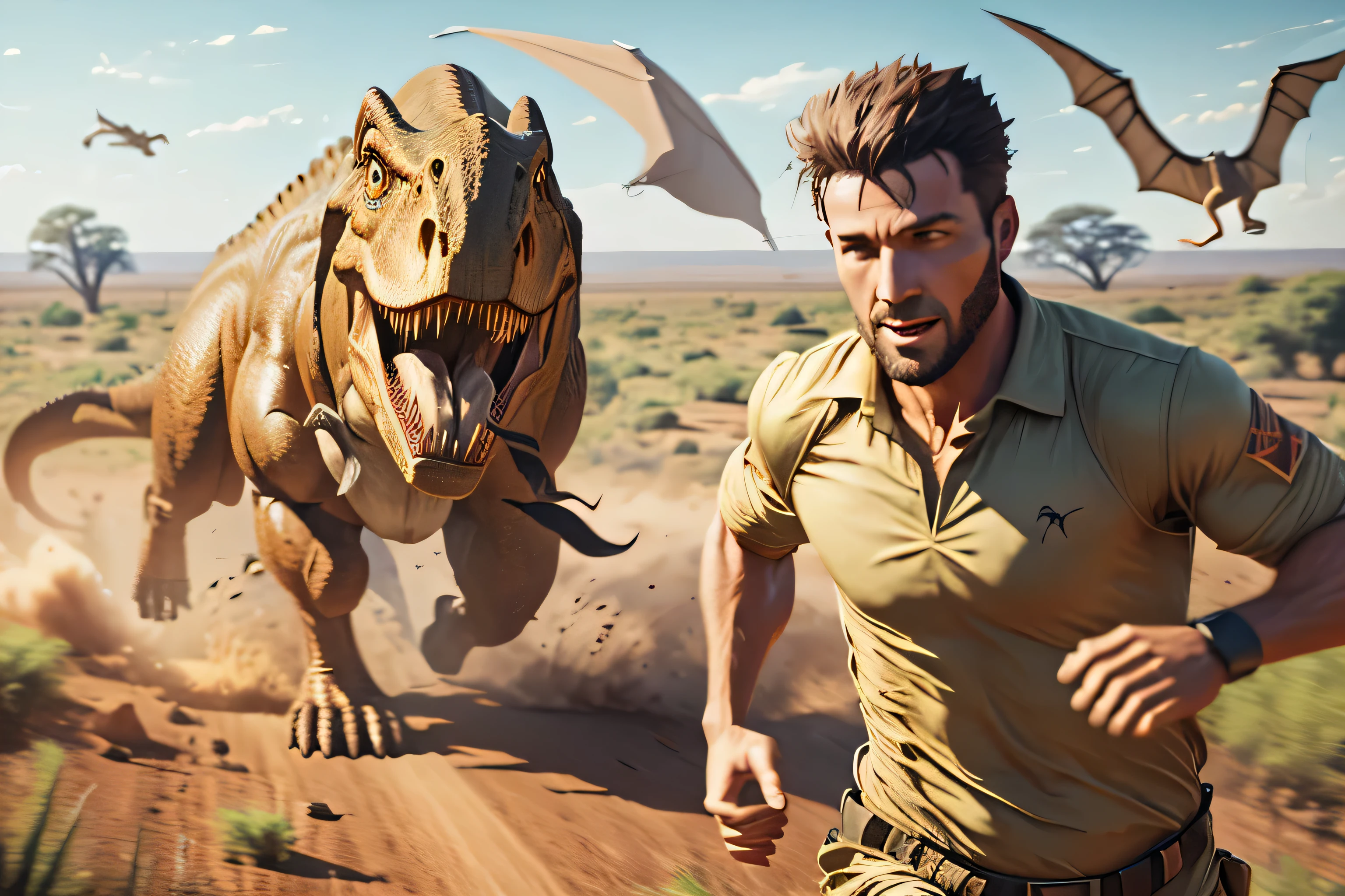 Homem fugindo de um dinossauro T-Rex na savana africana, com um pterossauro voando atrás dele, Estilo RPG, alta definição, 4K, detalhado