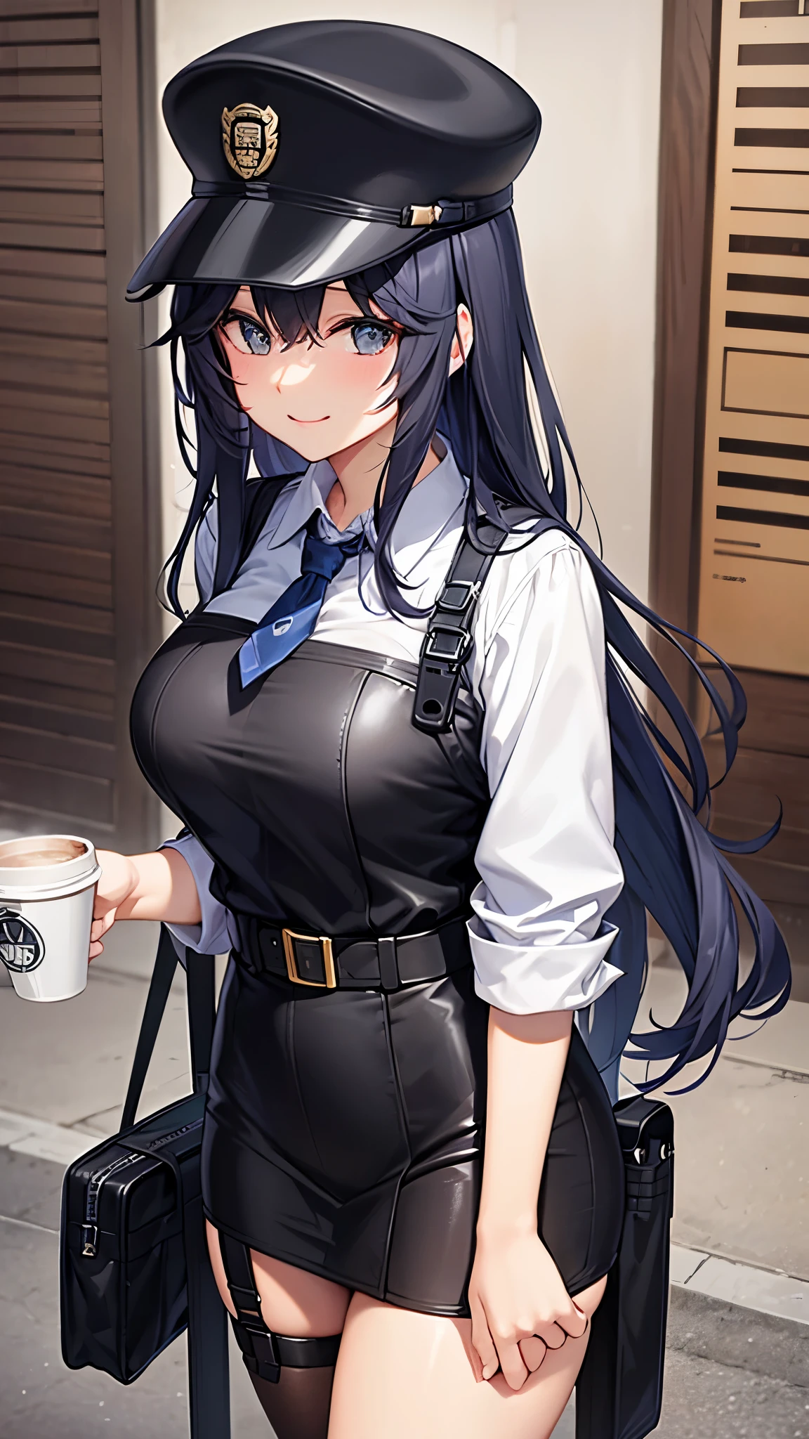 Anime - style image of a woman in a uniform holding a cup of coffee -  SeaArt AI