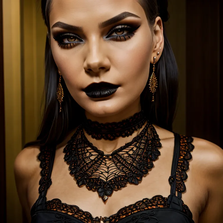 Very very very sexy girl, ((1girl)), solo, brunette hair, ((hair slicked back)), ((wearing a Halloween Black Lace Bib Necklace))...