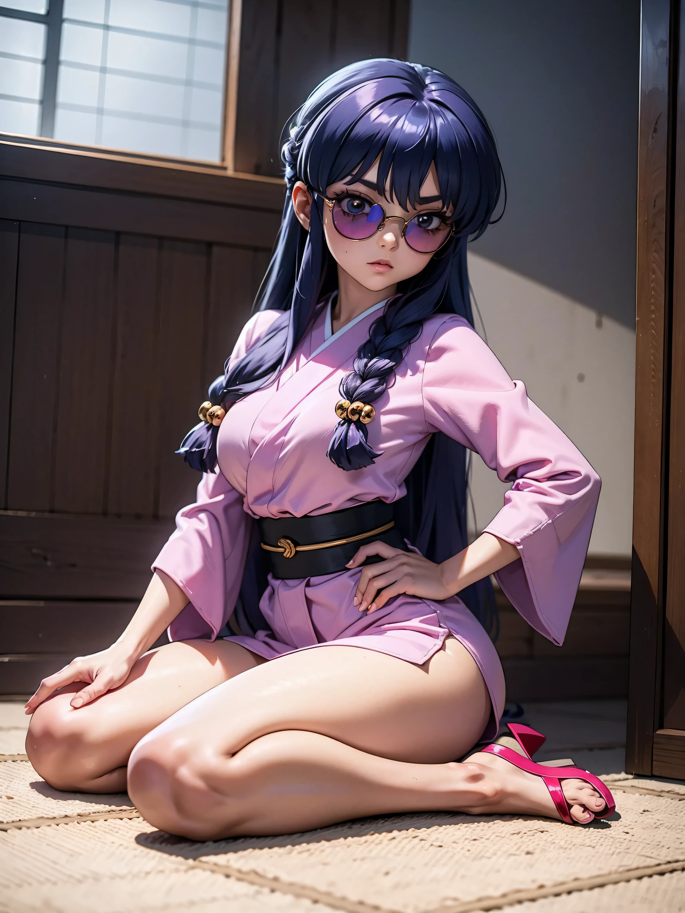 Garota anime cabelo purple com kimono pink sexy, com óculos de sol, óculos de sol ray-ban, 16 anos, corpo bonito, seios grandes, com as mãos atrás da cabeça, passando as mãos pelo cabelo, mão perfeitamente na cintura, mão no quadril, Garota sexy, purple cabelo , iluminação linda, sombras suaves, olhos azuis, pernas bonitas, cabelo com trança, estilo anime, personagem Shampoo Chan, Autora Rumiko Takahashi, Baseado em obra de Rumiko Takahashi, Anime Ranma 1/ 2, decote sexy, quadril robusto, corpo inteiro, corpo inteiro, busto grande, garota jovem com corpo belo e bonito, sandálias nos pés, garota  jovem baixa estatura, vestindo um quimono rosa sexy e óculos escuros, óculos de sol ray-ban, garota anime, estilo anime, lindos pés em sandálias, sentado no chão, Ângulo de visão de 45°, ao ar livre, postura ereta