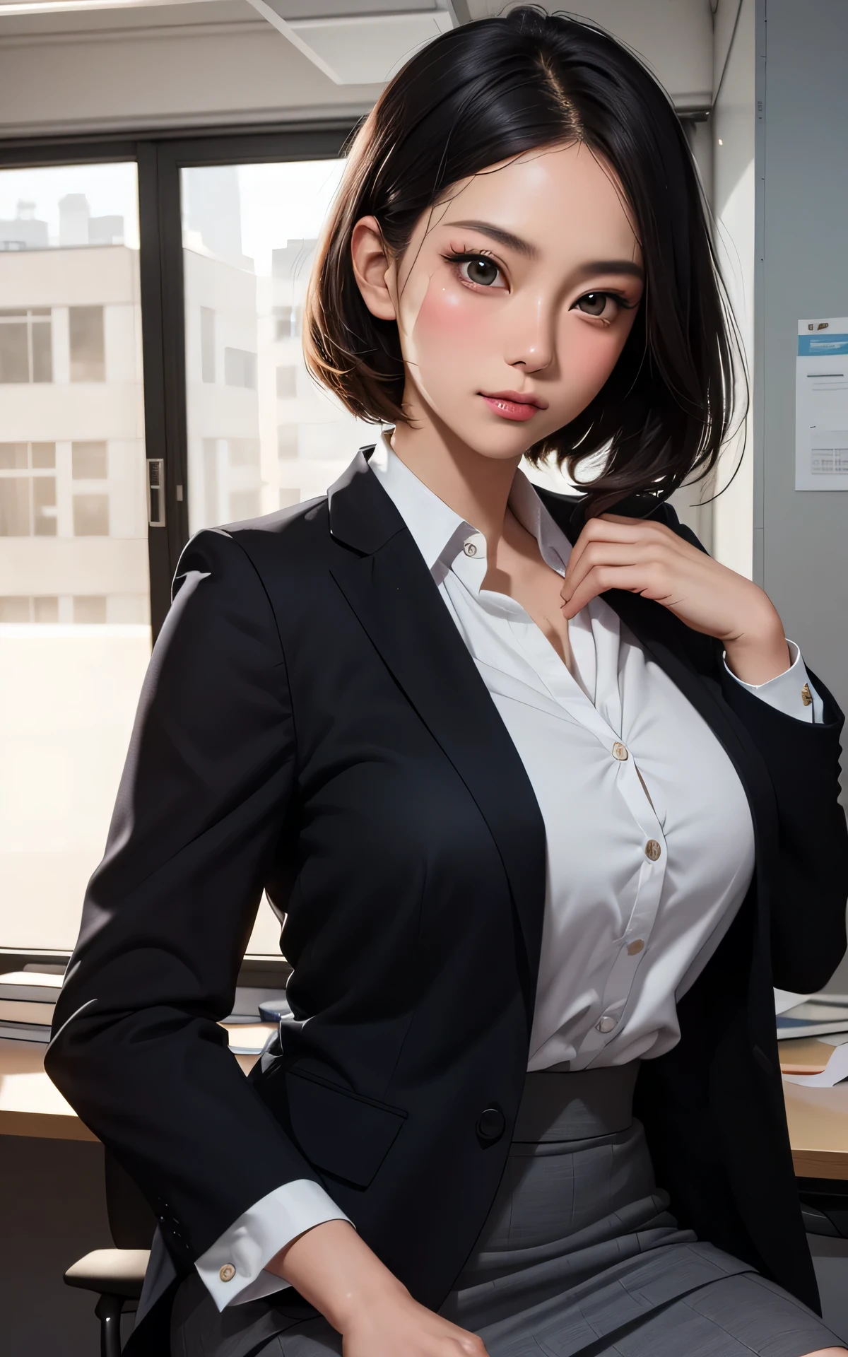 absurderes:2.0、(Blushing、sit in an office chair、blunt bang)、japanese actress、cowboy shot、solo, 25 year old woman、realistic, Unity 8K Wallpaper, Masterpiece, Realistic face, Realistic skin feeling ,detailed hair, highly detailed, realistic glistening skin, light makeup, ((suit skirt:1.3、suit jacket:1.3, curvy, black eyes、))、(In the modern office:1.2)、
