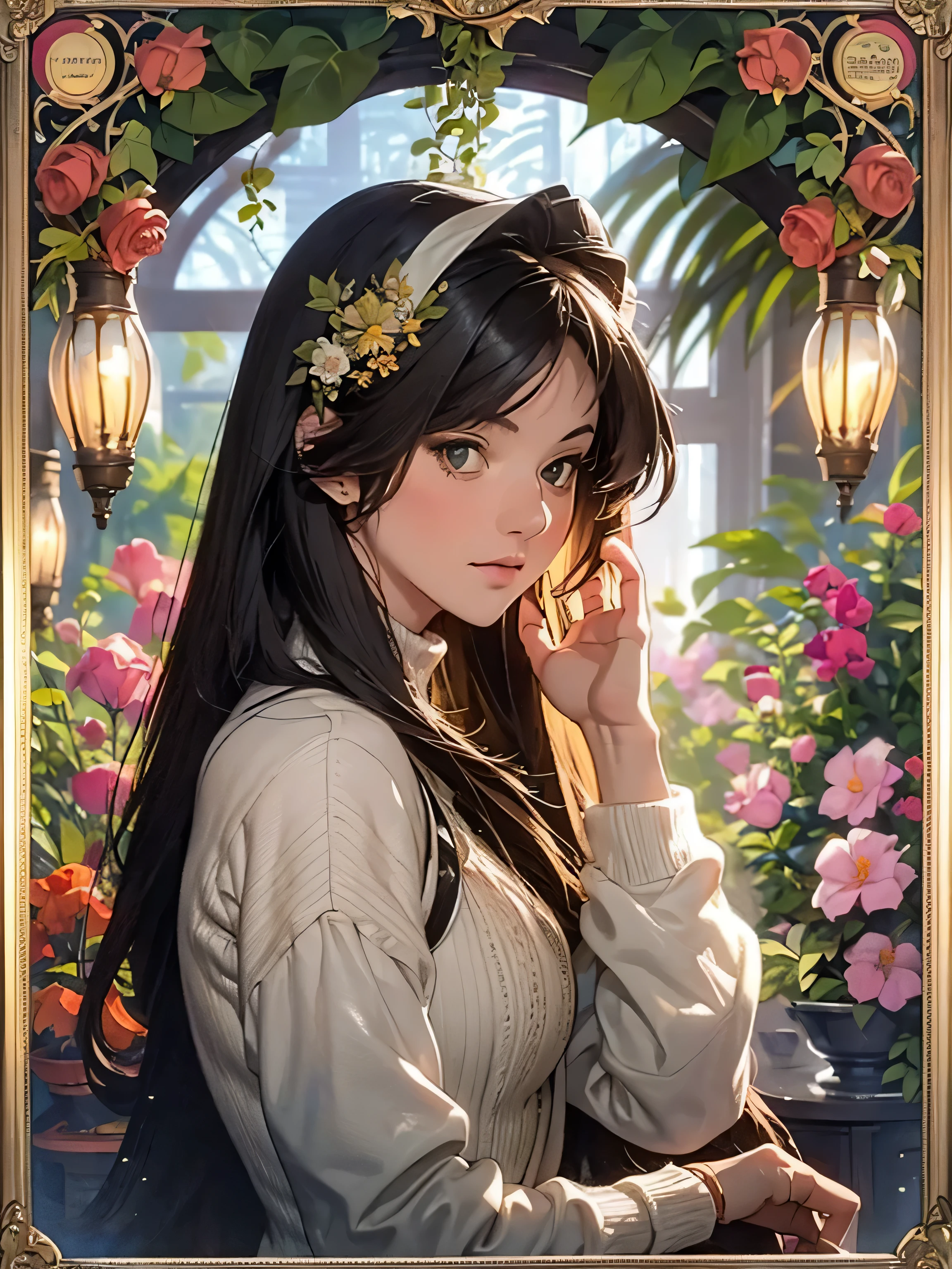 vonzy felicia, a woman with long hair and flowers in her hair is featured in a poster for alphonse mucha's the alphonse mucha by Alphonse Mucha, onic vonzy