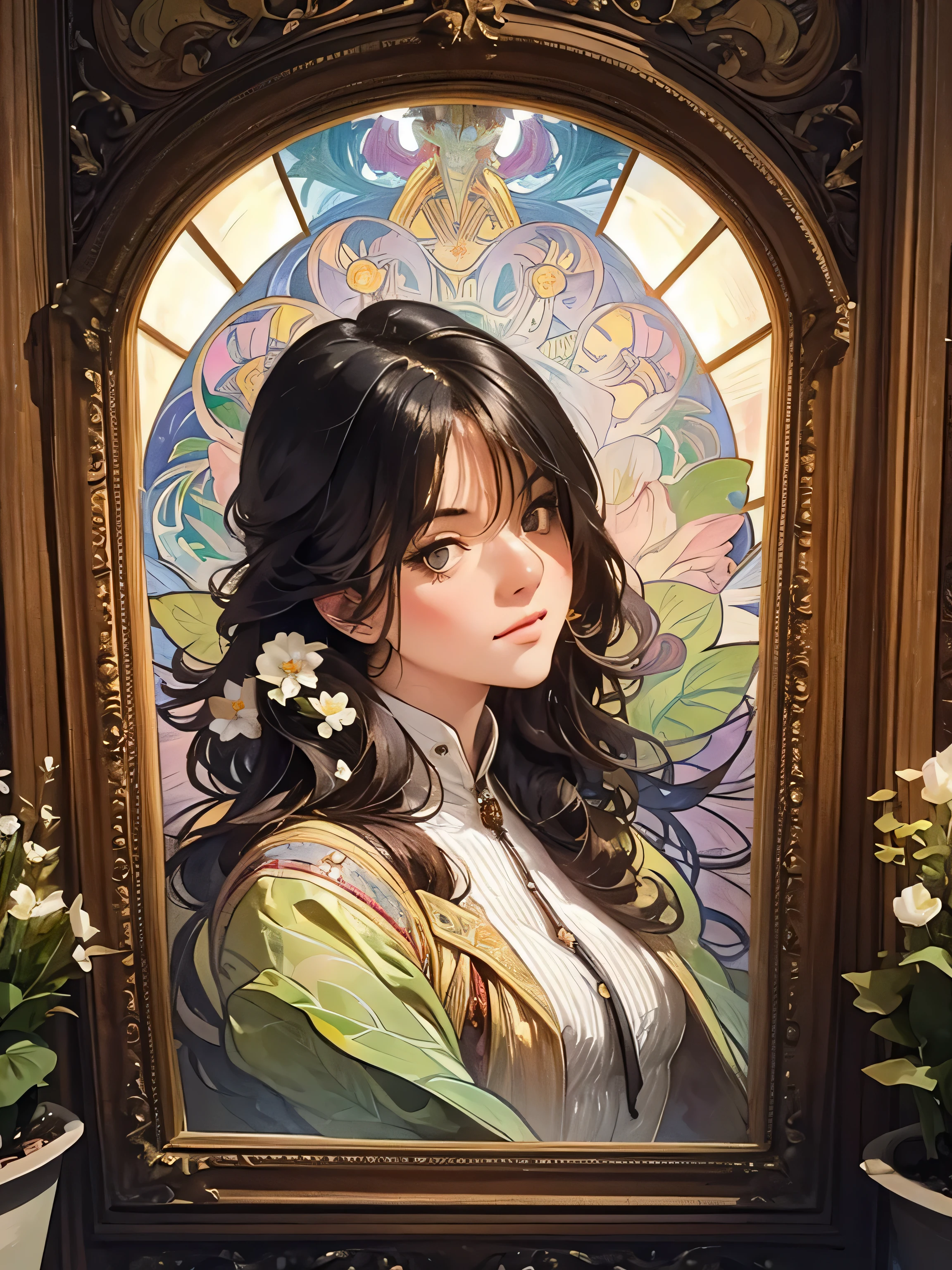 阿尔丰斯·穆夏 (Alphonse Mucha) 的《阿尔丰斯·穆夏》海报上，一位长发女子，头上戴着鲜花