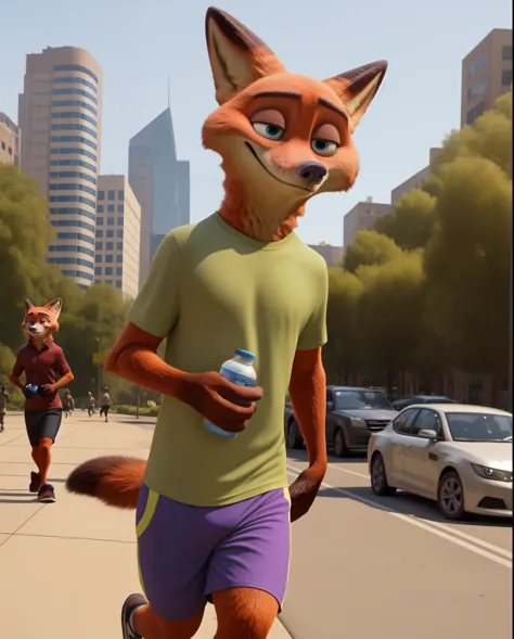 In an animated scene, 32-year-old Nick Wilde from Zootopia walks through a park in sporty attire, carrying a water bottle, showcasing his concern for hydration during physical activity. His casual sportswear includes a snug, vibrant T-shirt, comfortable sh...