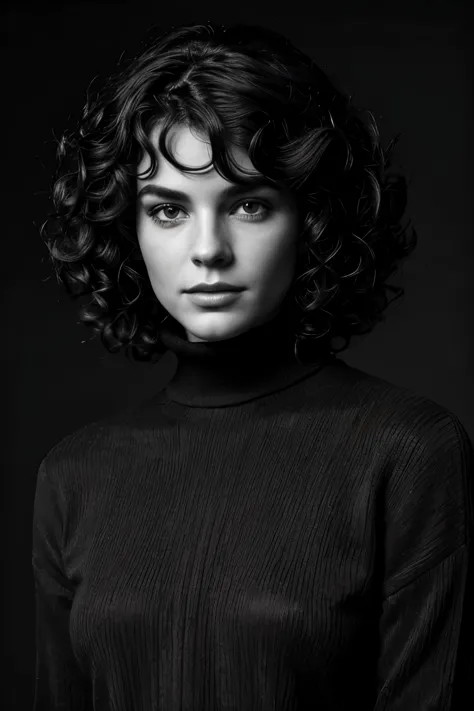Photo-NB, Ressemblance humaine, model Photo, Bob cheveux, curly hair, pull col roulé noir, fond couleur, Portrait-Plan moyen