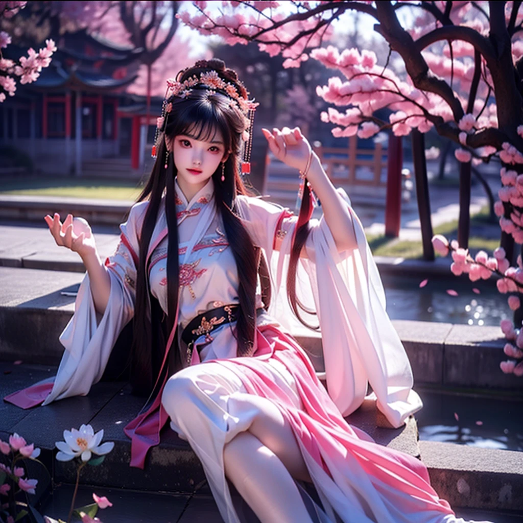 An ancient Chinese beauty sitting on a stone, wearing ancient Chinese clothing, flowing tulle, light silk, lazy posture, large cherry blossom bloom, ink painting style, clean color, decisive cutting, blank, freehand, masterpiece, super detailed, epic composition, high quality, the highest quality, 4k --v 6