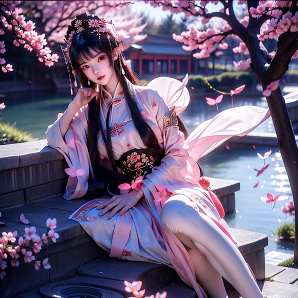 An ancient Chinese beauty sitting on a stone, wearing ancient Chinese clothing, flowing tulle, light silk, lazy posture, large cherry blossom bloom, ink painting style, clean color, decisive cutting, blank, freehand, masterpiece, super detailed, epic composition, high quality, the highest quality, 4k --v 6