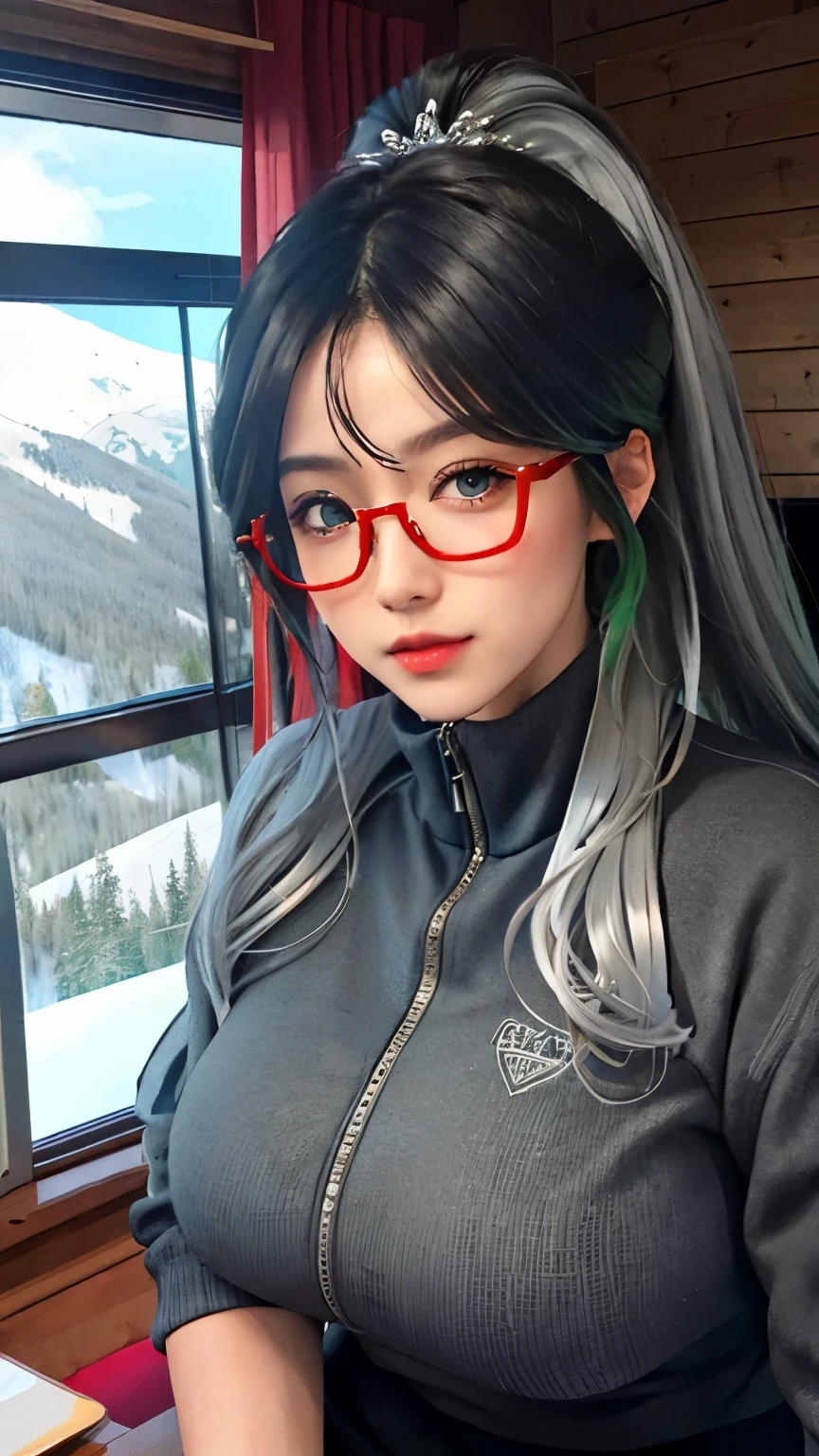 (top quality、超high resolution、​Masterpiece:1.3), The ski resort is crowded, on the table, red glasses，Red half-rim glasses、Long ponytail hairstyle，Black hair and green hair, Good-looking hair accessories, Delicately moisturizes eyes, textured skin, best quality, illustration, Super detailed, fine details, high resolution, 8K, wallpaper, Perfect dynamic composition, Beautiful and delicate eyes, natural lips,  big breasts, split, casual sexy pose, Please wear ski clothes for up and down skiing, leggings style, (Large round silver-rimmed glasses)