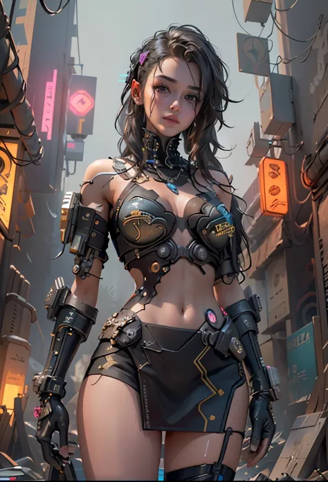 ((Best Quality)), ((Masterpiece)), (Very detailed:1.3), 3D, Beautiful (Cyberpunk:1.3) Female hacker, thick hair, revealing cloth...