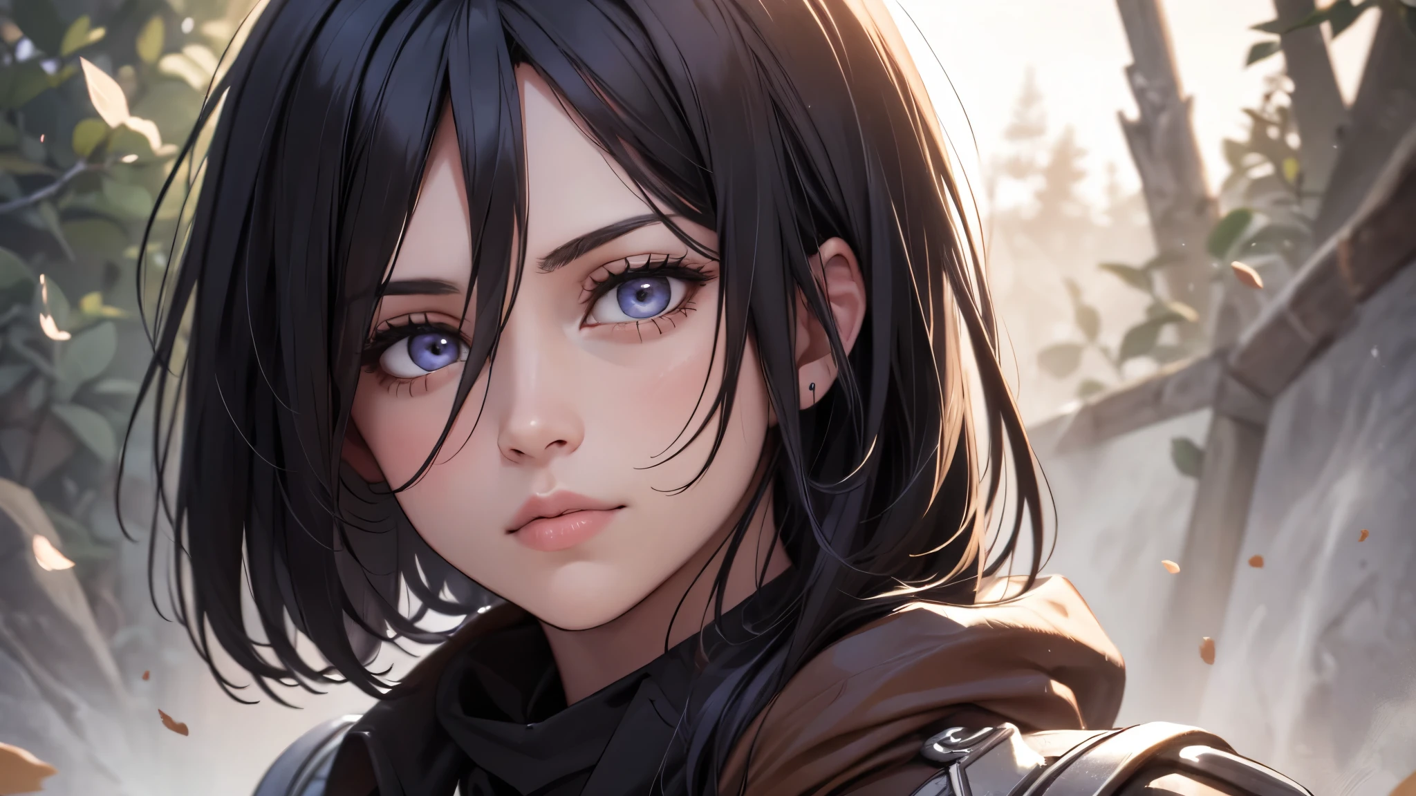 (best quality,ultra-detailed,realistic:1.37),fantasy portrait,charcoal drawing,dramatic lighting,vibrant colors,wide-eyed girl Mikasa Ackerman from anime "Attack on Titan",expressive lips,detailed facial features,confident expression,powerful stance,enchanted forest background,dynamic perspective,sharp focus,fierce wild-like hair,]"sexy" girl model[,[18-year-old],rebellious attitude,provocative pose,exquisite attention to clothing details,thigh-high boots,[colorful tattoos],mysterious aura,Eagle flying in the distance