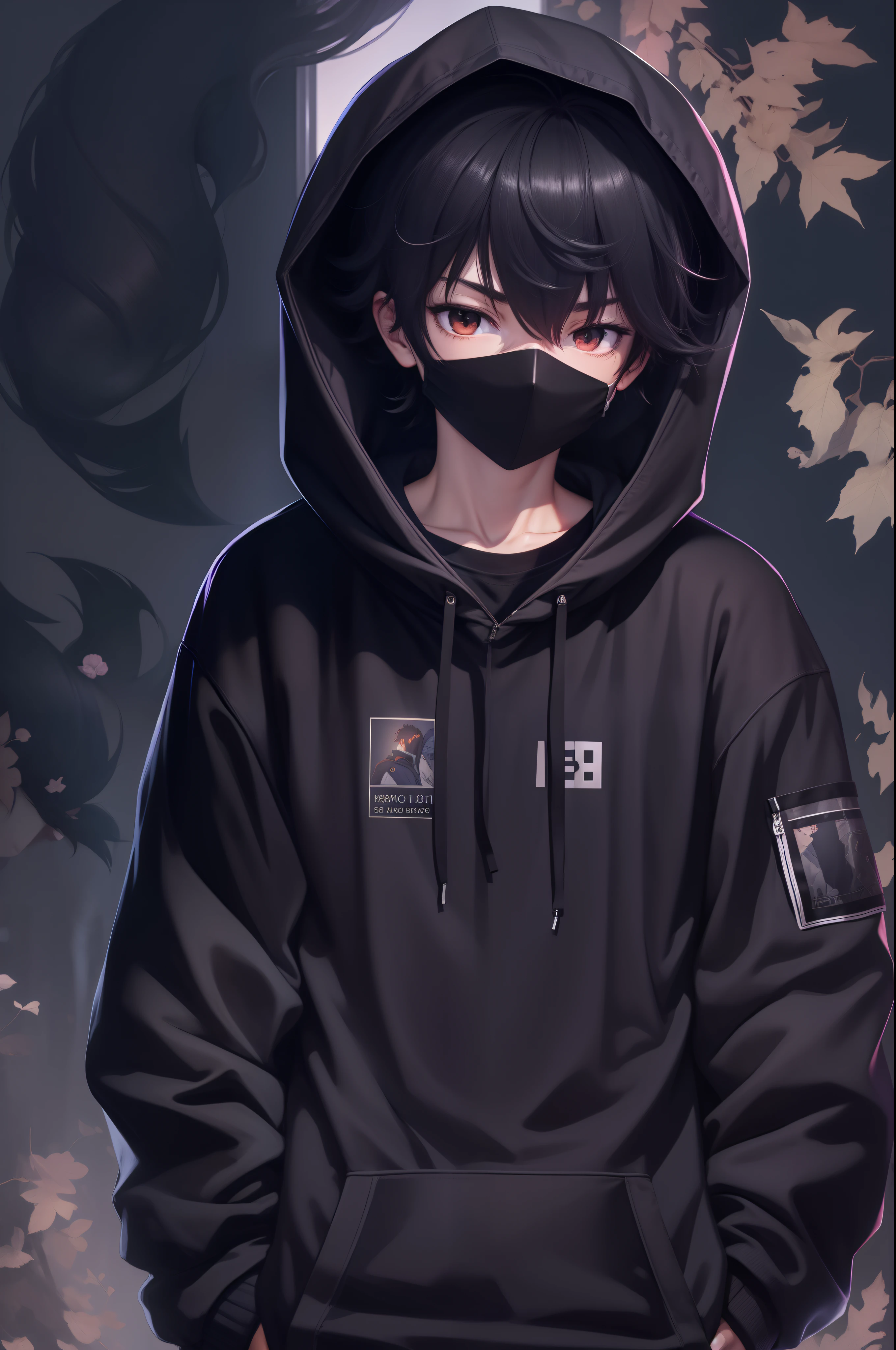 Anime-Junge in schwarzem Kapuzenpullover Kapuze in schwarzem Kapuzenpullover Schwarze Haare Schwarze Augen Schwarze Vollmaske Hände in den Taschen Detailliertes Porträt eines Anime-Jungen