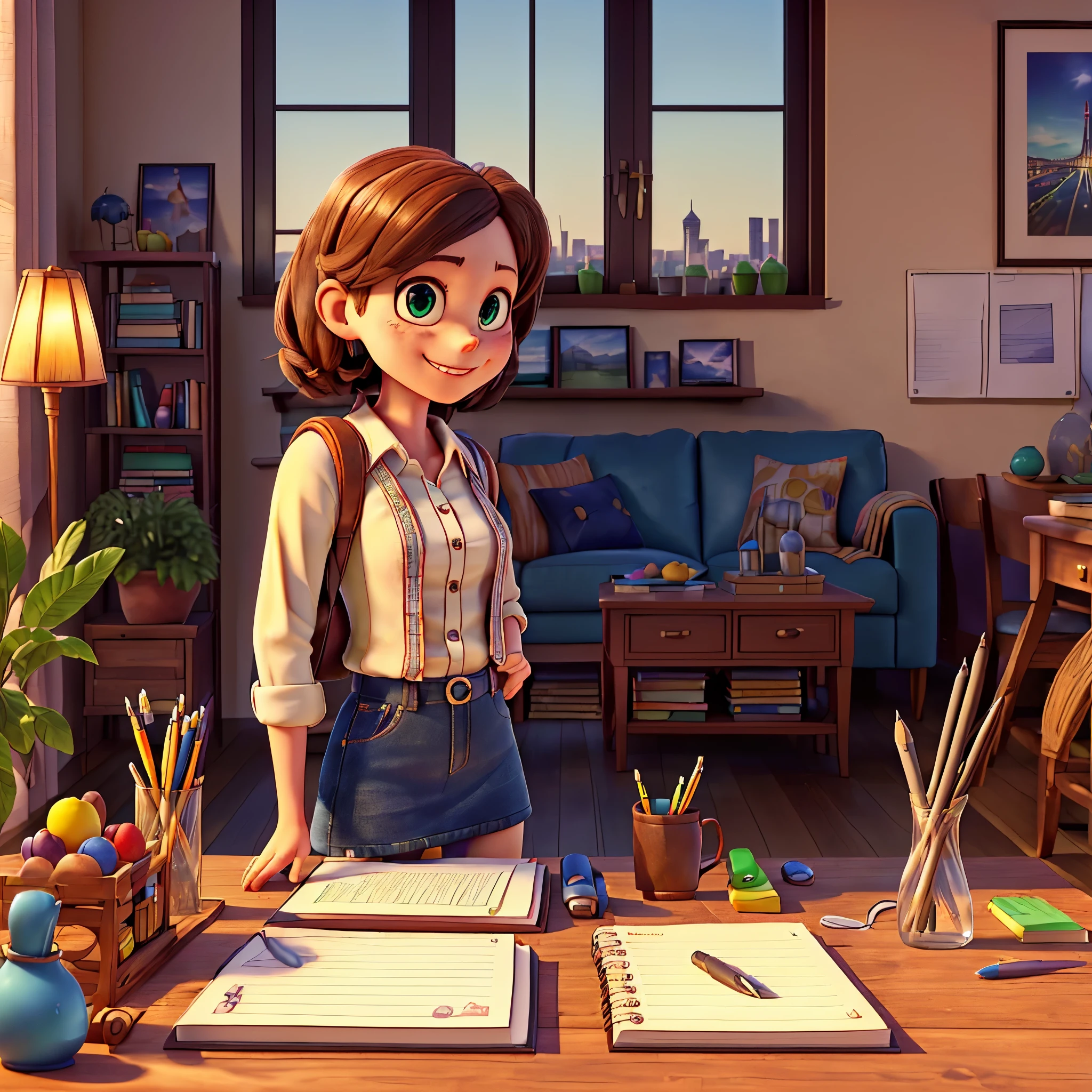 (epic Masterpiece, ultra highest quality, ulra highest resolution, ulra high-definition, distinct_image, very elaborate CG, cinematic lighting, ray tracing, drop shadows, detailed detail, (photorealistic: 1.4), ultra high quality textures, fine-grained, realistic face expression): (lone girl, face is Japan, brown short hair, small size breasts, sparkling eyes, Eye level shot, happy smile, beauty, slim body, holiday, own room, console game, computer, display, keyboard, mouse, long leather skirt, collared shirt, leather vest, handgun holder, carrying leather bag on your back, long boots, antique radio, coffee, model train, bookshelf, spacious chair, Pots, fans, paintings, stuffed animals, ties, notebooks, stationery, vases, photo frames, letters, fountain pens, calendars, lamps, cushions, baskets, mirrors reflecting in profile, candles, newspapers, sweets, city view outside the window, telephone, fruit) varied multi etc. --v 6 --s 1000 --c 20 --q 20 --chaos 100