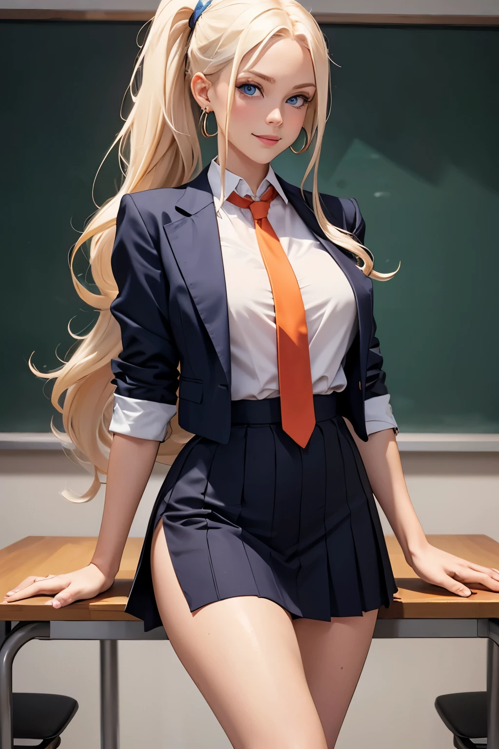 school uniform, very long very curly platinum blonde hair, tight shirt, blue eyes, orange tie, smile, cleavage, high waisted skirt, earrings, standing, legs, high ponytail, classroom