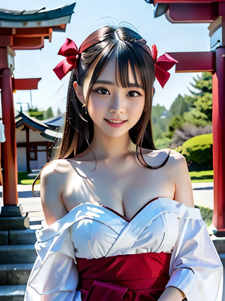NSFW,highest quality,excellent details,ultra high resolution,Beautiful woman,girl,shrine maiden,{White and vermilion hakama:1.5},off shoulder,Slender type,shrine,red torii,please open your mouth wide