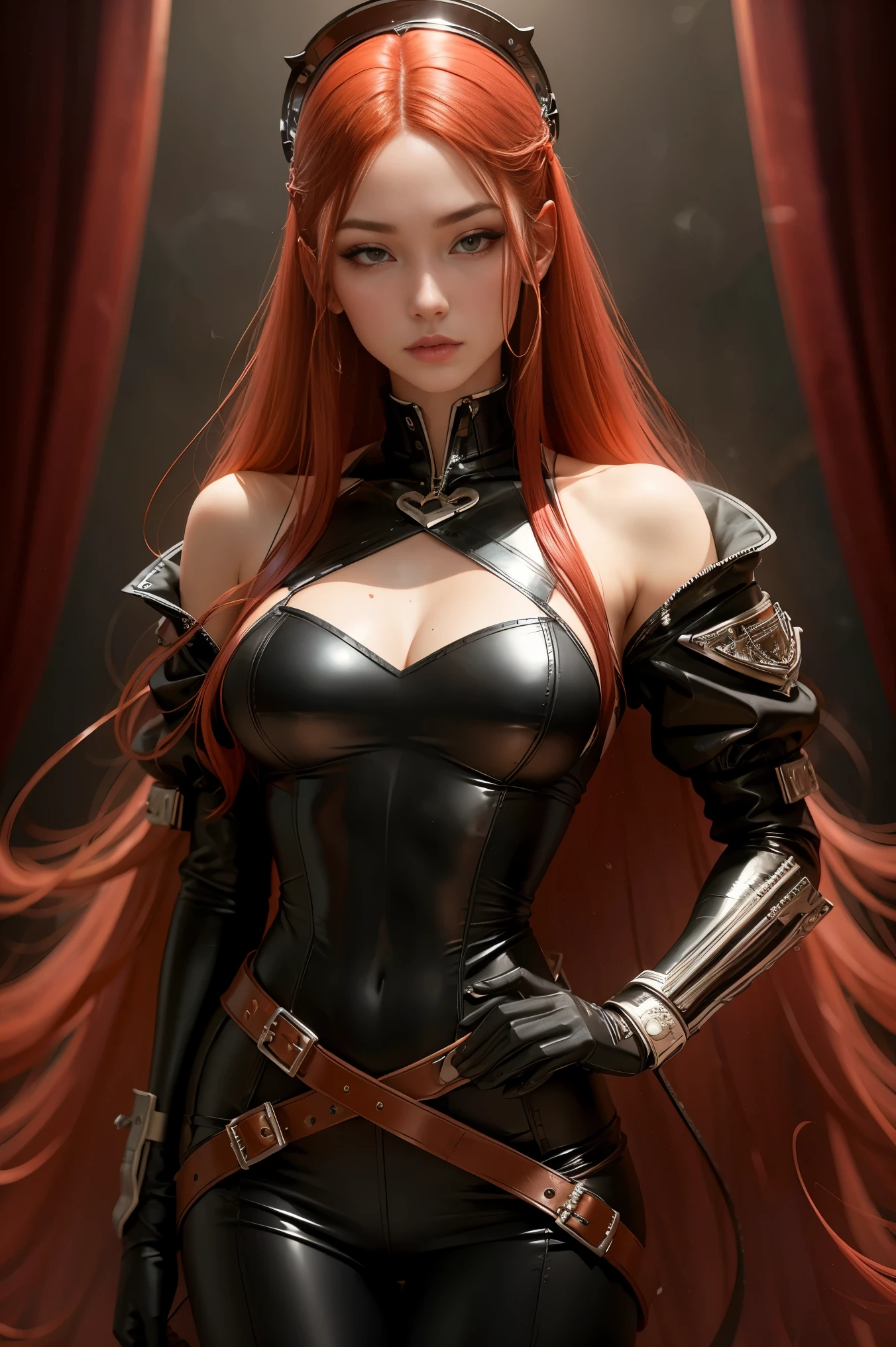 Long red hair, full face, thin face, Nordic facial features, fitness body, leather sexy maid clothes, submissive look, high realistic quality