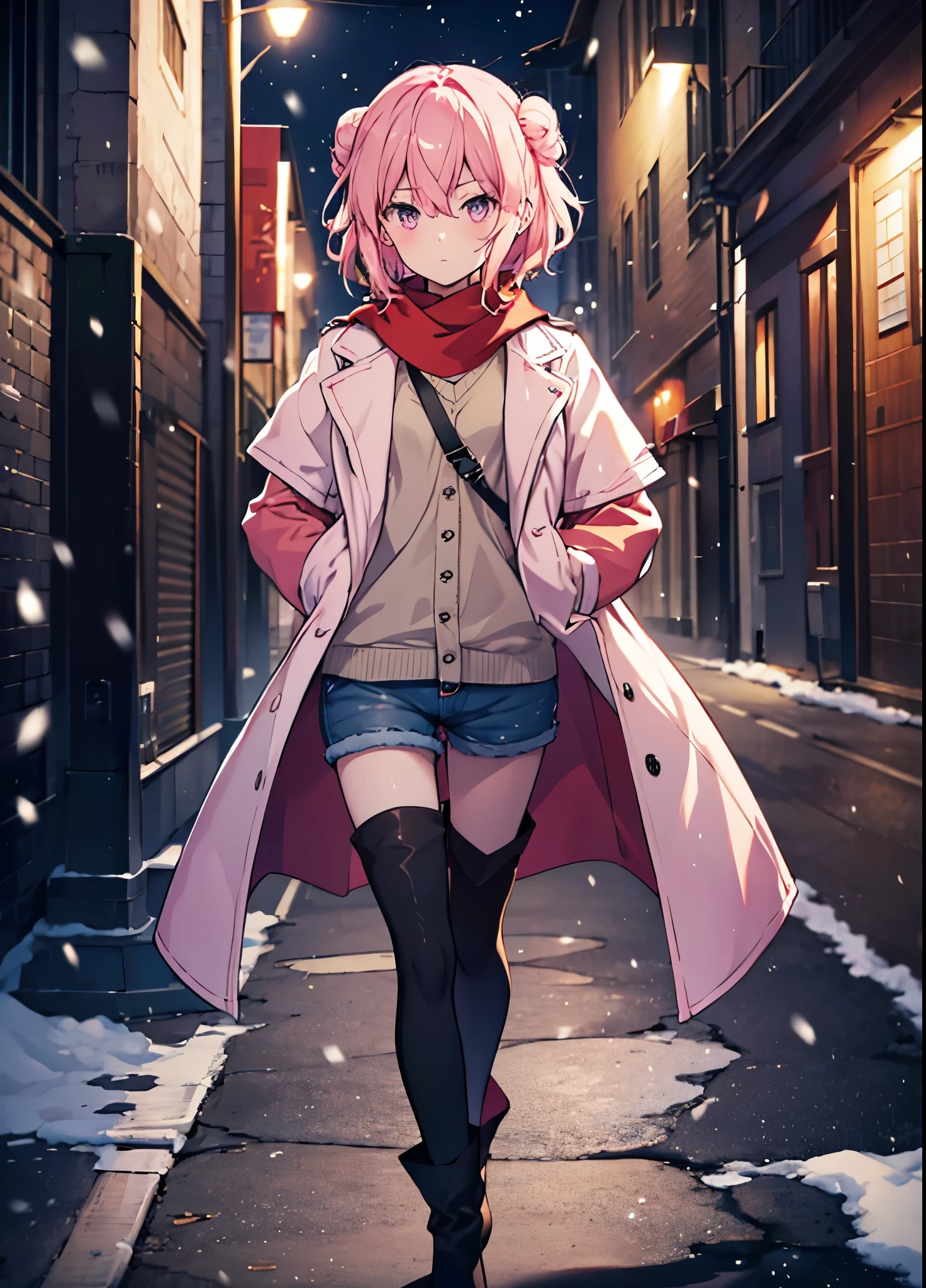 table top, high quality, 最high quality, High resolution, 4K, High resolution, beautiful lighting,highly detailed face, well drawn hands, beautifully drawn legs,well drawn feet,well drawn eyes,1 girl, short hair, pink hair, pink eyes, Yui, bun hair,red coat，scarf，white long sweater，shorts，Black Pantyhose King，black short boots，in the street、that&#39;that&#39;It&#39;s snowing，walk，-thatで，