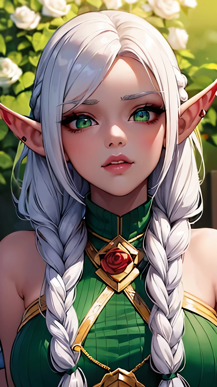 ((ultra quality)), ((masterpiece)), blood elf girl, ((white long hair, tied in a braid at the back, red rose behind the ear)), (Beautiful face), (beautiful female lips), (elf ears, Gold rings in the ears), charming, looking at the camera with a serious face, eyes slightly open, (dark skin color), (dark skin), glare on the body, ((detailed beautiful female eyes)), (white big eyes glow), (juicy female lips), (dark eyeliner), (beautiful female hands), ((ideal female figure)), ideal female body, beautiful waist, gorgeous thighs, beautiful medium breasts, ((subtle and beautiful)), Sexy stance (), (fantasy medieval clothing, wearing a dark green sweater with white trim, dark green skirt with white trim, dark green choker) background: fantasy night city, ((depth of field)), ((high quality clear image)), (clear details), ((high detail)), realistically, professional photo session, ((Clear Focus)), anime