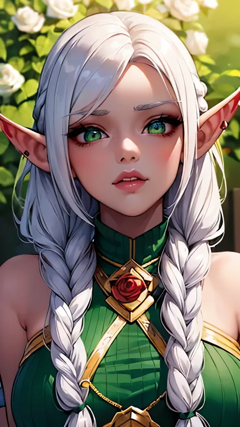 ((ultra quality)), ((masterpiece)), blood elf girl, ((white long hair, tied in a braid at the back, red rose behind the ear)), (...