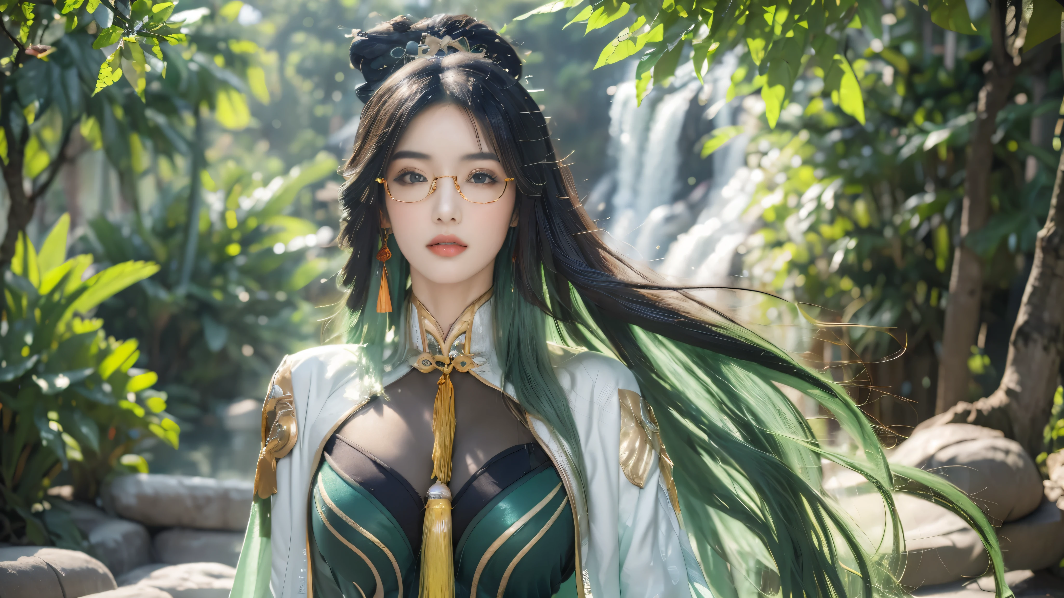 beautiful sexy lady wearing a Green glasses, Xianyun (masterpiece), (best quality), (ultra detailed),(disheveled hair),(illustration), (1girl), beautifuldetailedeyes,delicate beautiful face,Floating,(high saturation),(colorful splashes),colorful bubble,(shining),focus on face, waterfall in background