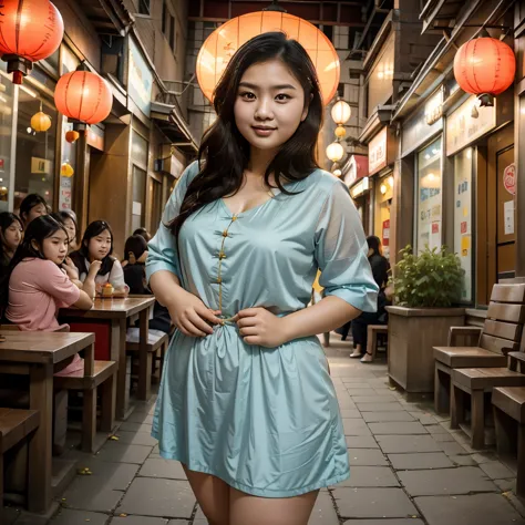 Photography a little bit fat woman in chinesee clothes empire standing on street in chinese town, beautiful a bit fat asian girl...