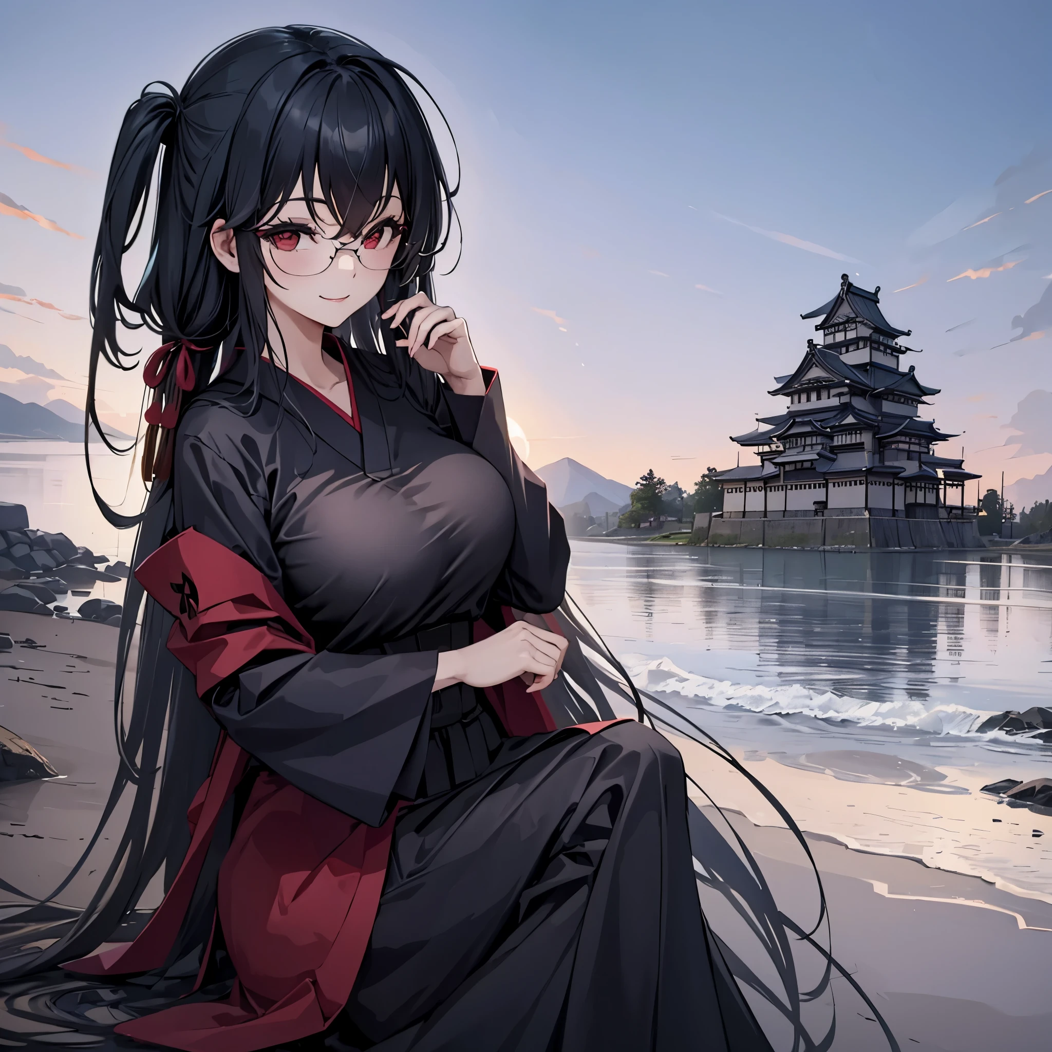 uma mulher em um castelo japonês, quimono preto, sorridente, peito grande
