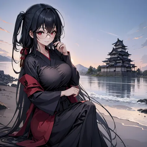 a woman in a Japanese castle, kimono black, smiling, big breast
