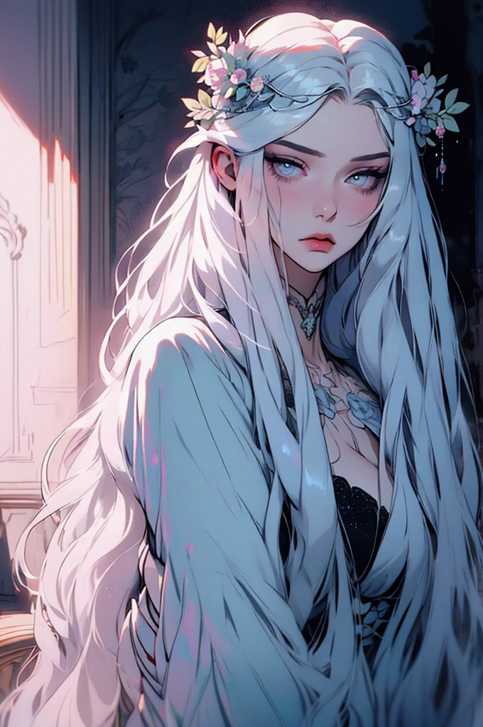 hyper-realistic  of a mysterious woman with flowing silver hair, piercing opal eyes, and a delicate floral crown, backwards, looking back, upper body