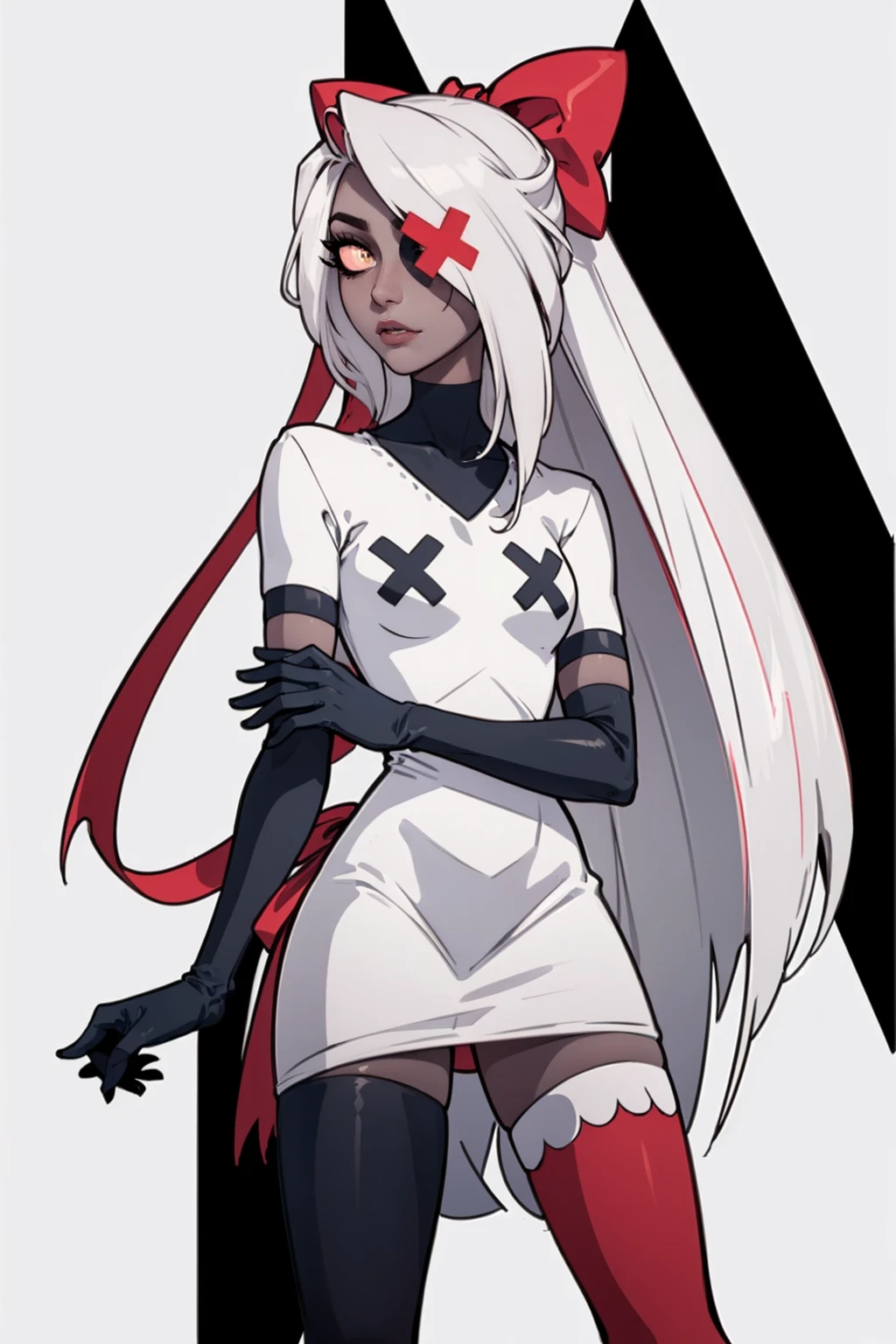 Vaggie:1.0), (casual outfit, white dress, stockings, gloves - SeaArt AI