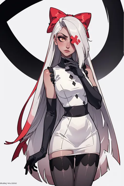 (vaggie:1.0), (casual outfit, white dress, stockings, gloves:1.5), (pastel-pink sclera, black pupil, grey skin, white hair, long...