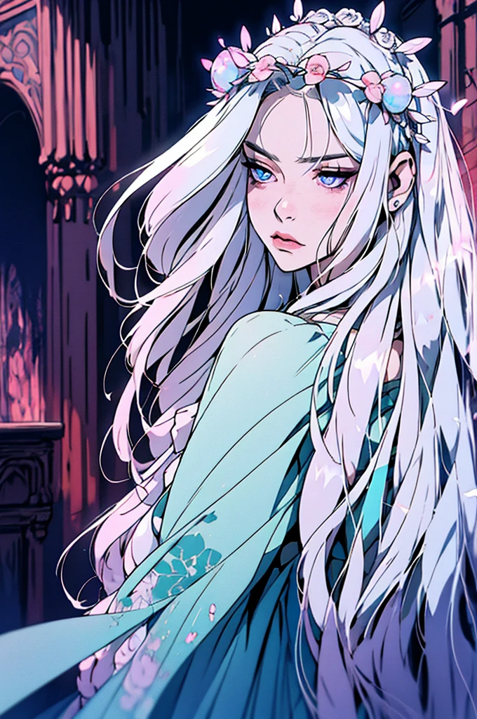 hyper-realistic  of a mysterious woman with flowing silver hair, piercing opal eyes, and a delicate floral crown, backwards, looking back, upper body