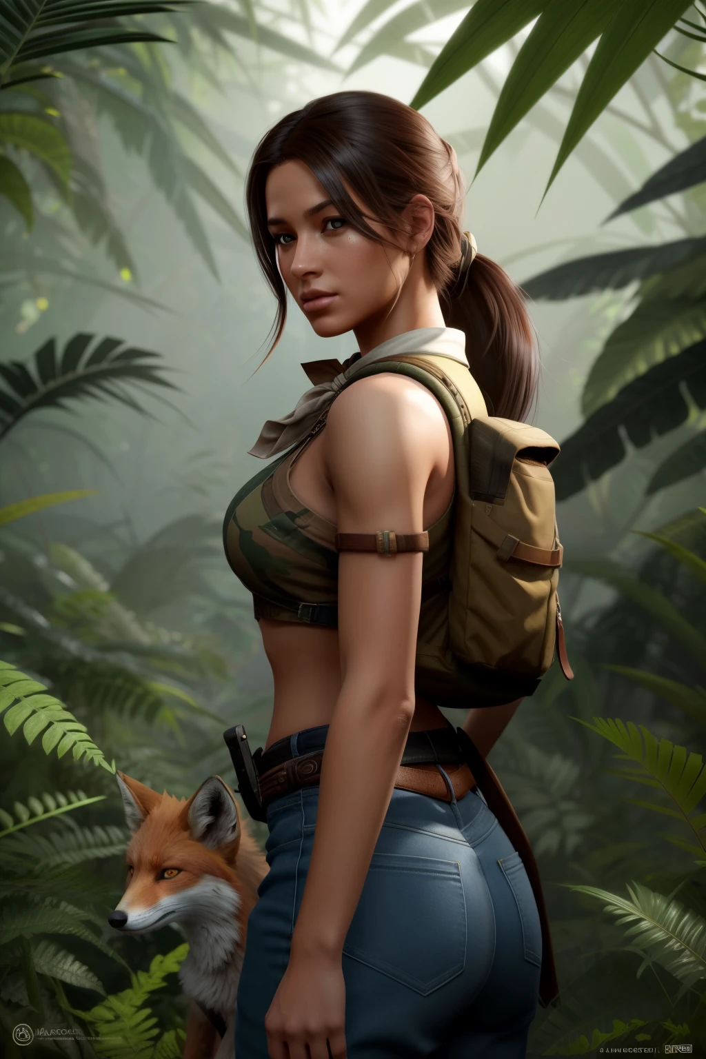 A beautiful female ranger stealthily making her way through a dense, enchanted jungle. Her bow is slung over her shoulder, and her animal companion, a loyal fox, follows closely behind. The foliage is vibrant and lush, teeming with magical creatures and vibrant, exotic flowers. ray tracing, trending on artstation, masterpiece, best quality, intricate detail, 8k, digital painting, art by Magali Villeneuve, concept art, illustration, volumetric lighting, Unreal Engine 5