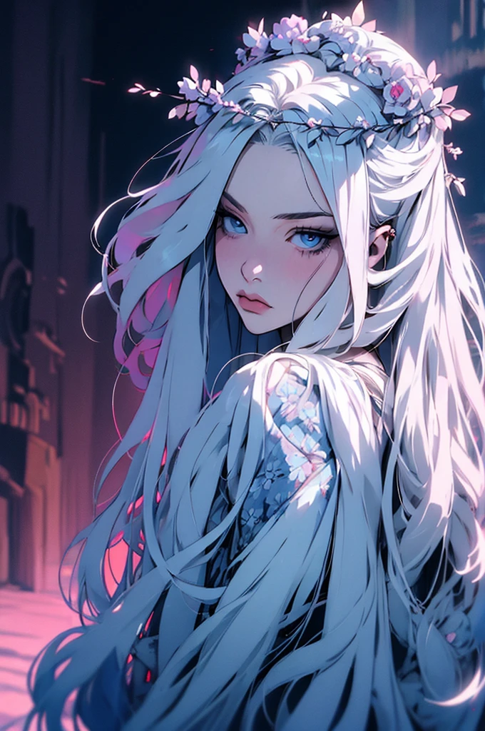 hyper-realistic  of a mysterious woman with flowing silver hair, piercing blue eyes, and a delicate floral crown, backwards, looking back, upper body