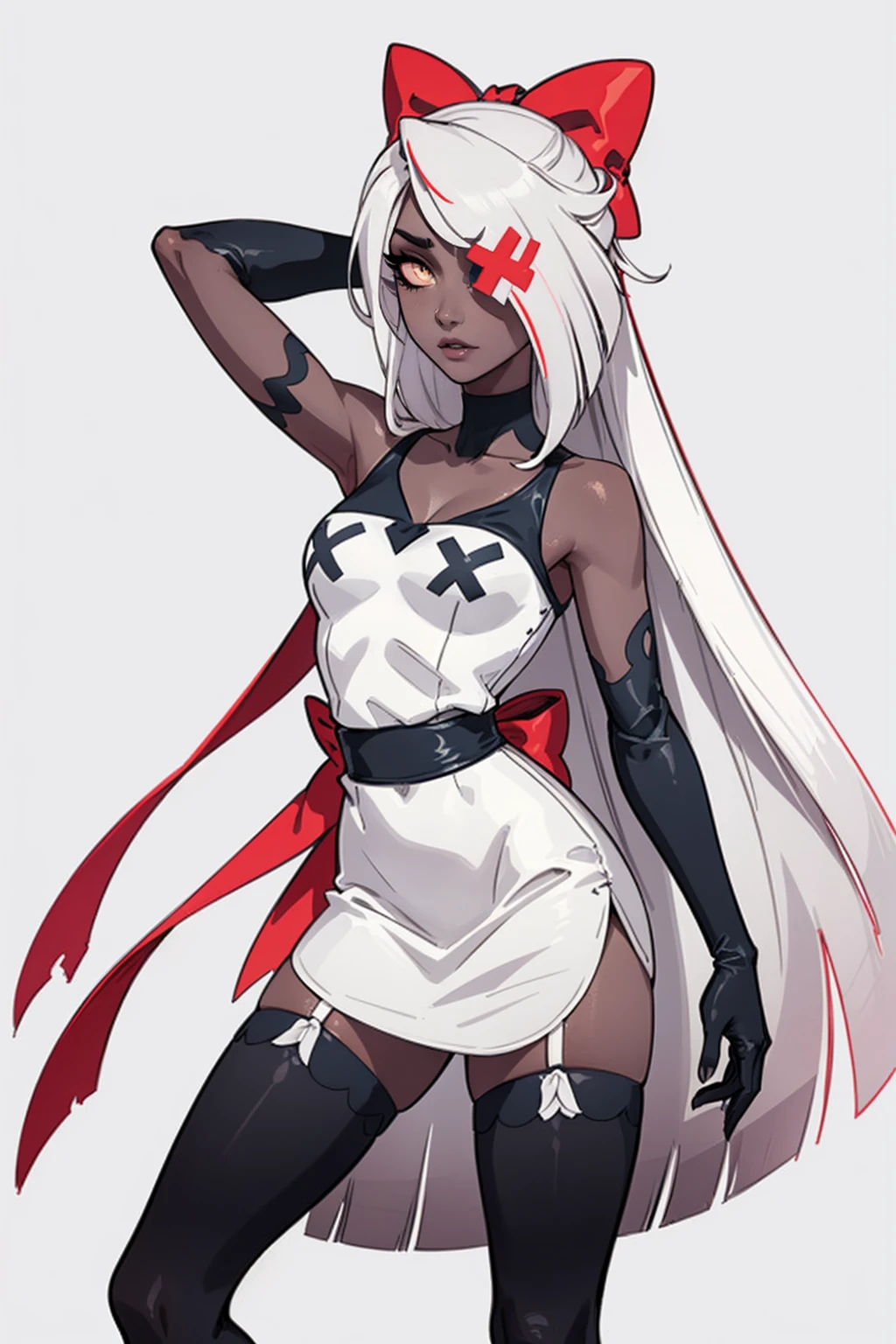 (Vaggie:1.0), (casual outfit, white dress, stockings, gloves:1.5), (pastel-pink sclera, black pupil, grey skin, white hair, long hair, hair bow:1.2), (white background:1.5), (realistic:1.2), (masterpiece:1.2), (full-body-shot:1),(Cowboy-shot:1.2), neon lighting, dark romantic lighting, (highly detailed:1.2),(detailed face:1.2), (gradients), colorful, detailed eyes, (detailed landscape:1.2), (natural lighting:1.2), (cute pose:1.2), (solo, one person, 1girl:1.5), standing, 