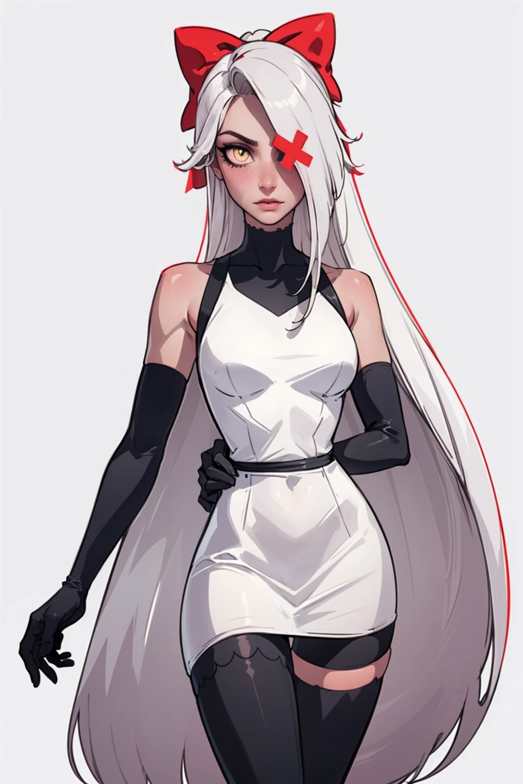 (Vaggie:1.0), (casual outfit, white dress, stockings, gloves:1.5), (pastel-pink sclera, black pupil, grey skin, white hair, long hair, hair bow:1.2), (white background:1.5), (realistic:1.2), (masterpiece:1.2), (full-body-shot:1),(Cowboy-shot:1.2), neon lighting, dark romantic lighting, (highly detailed:1.2),(detailed face:1.2), (gradients), colorful, detailed eyes, (detailed landscape:1.2), (natural lighting:1.2), (cute pose:1.2), (solo, one person, 1girl:1.5), standing, 