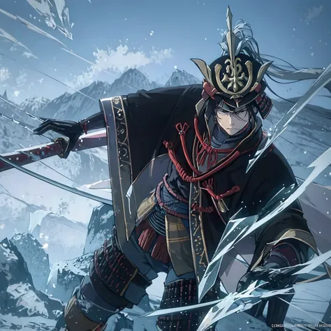 a man in a Japanese castle using an ice katana manipulating ice.
