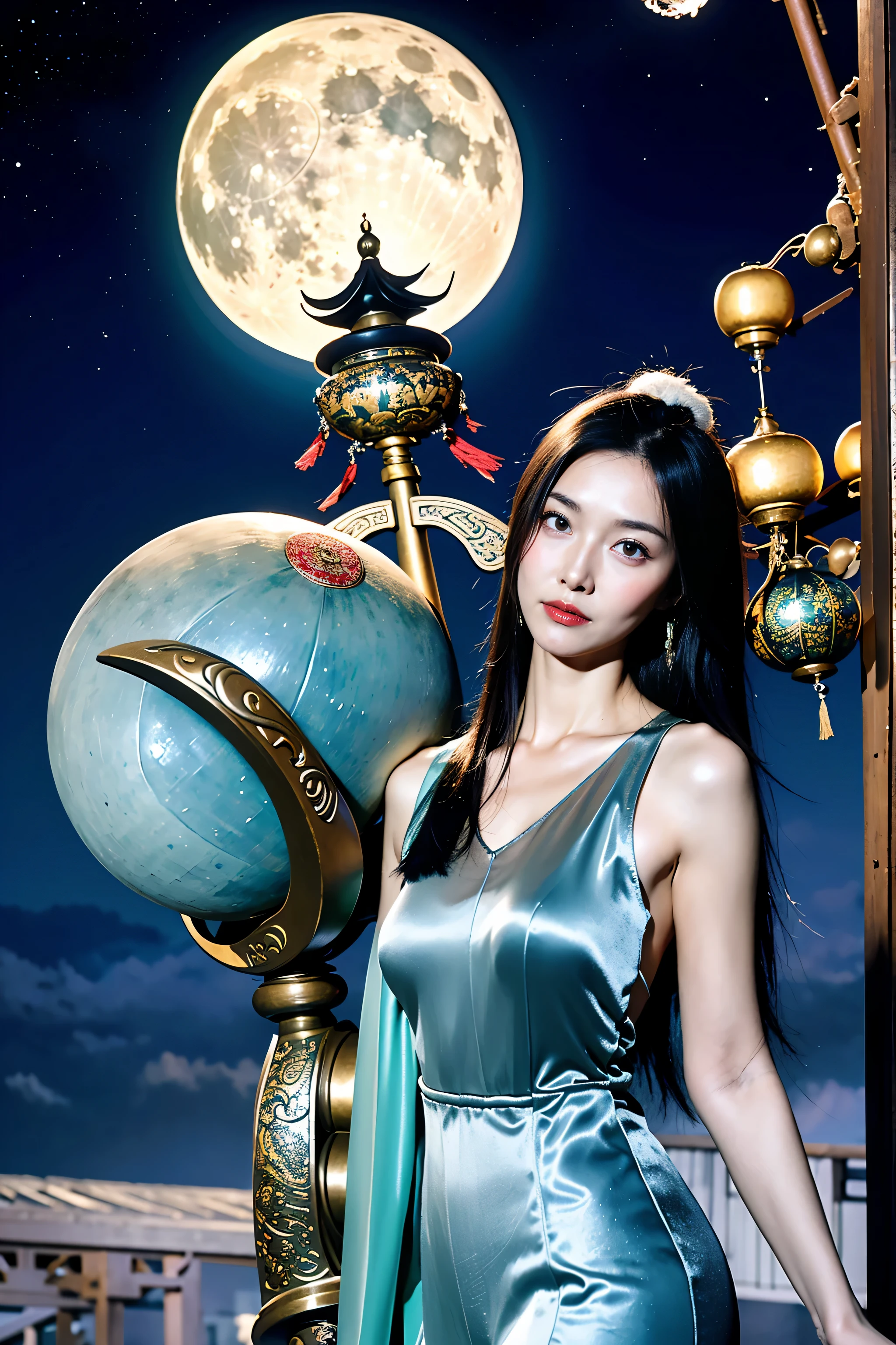 There is a Chang&#39;e in Chinese mythology&#39;e poses in front of the full moon, moon goddess, Moon themed clothing, Fairy&#39; Moonlight dance, Inspired by Tang Yin, moon goddess, shaxi, moon goddess, Inspired by Qiu Ying, lulu chen, themed on the stars and moon, xianxia fantasy, the moon is behind her, lu ji