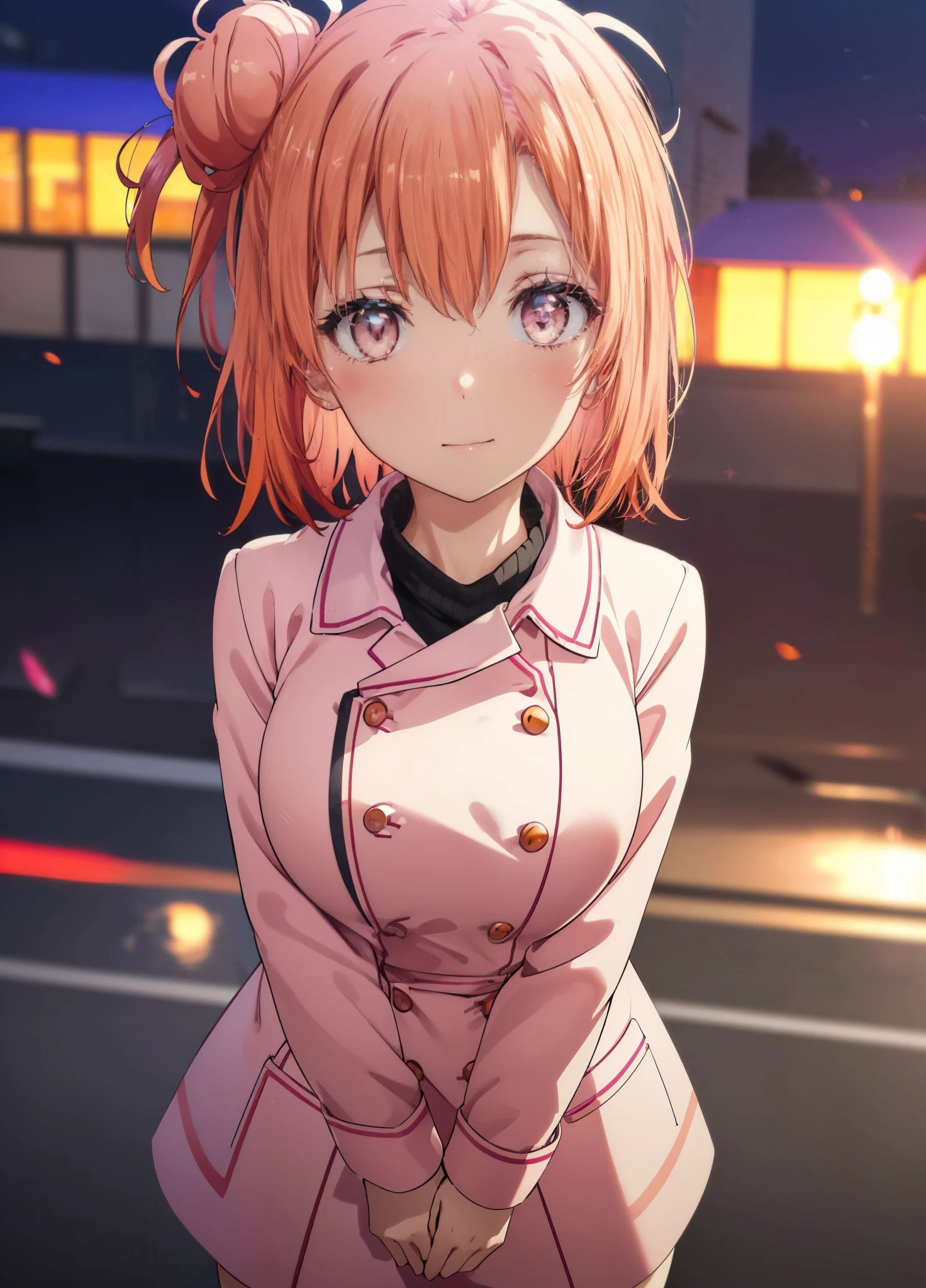 yuiyuigahama, yui yuigahama, long hair, (pink eyes:1.5), (orange hair:1.2), bun hair, single bun hair,blush, smile, (big breasts:1.2),red muffler,Pink long coat　Open the button,white sweater,Short Band,black knee high socks,short boots,evening,sunset,
break outdoors,city,building street,
break looking at viewer,whole body,peek from above, (cowboy shot:1.5),
break (masterpiece:1.2), highest quality, High resolution, unity 8k wallpaper, (shape:0.8), (beautiful and detailed eyes:1.6), highly detailed face, perfect lighting, Very detailed CG, (perfect hands, perfect anatomy),