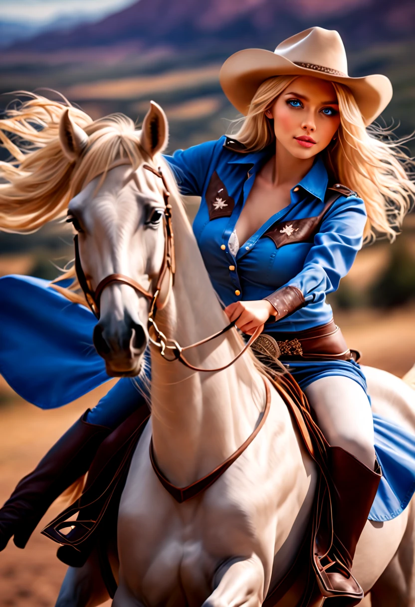 (((1 beautiful girl (very detailed, high quality in face: 1.5) and delicate, beautiful blue eyes, blonde hair, dynamic pose, dressed as a cowgirl, cowgirl hat, General shot, above 1 beautiful horse, in the background a beautiful epic country landscape , ultra, full shot, full body close-up, long line with wind-driven movement, perfectly defined and detailed body, close-up))), (photorealistic: 1.4), (hyperrealistic: 1.5), ( (Best quality: 1.4)), ((masterpiece: 1.4)), (highly detailed: 1.4), (cinematic lighting: 1.4), 3D, beautiful colors in the image.