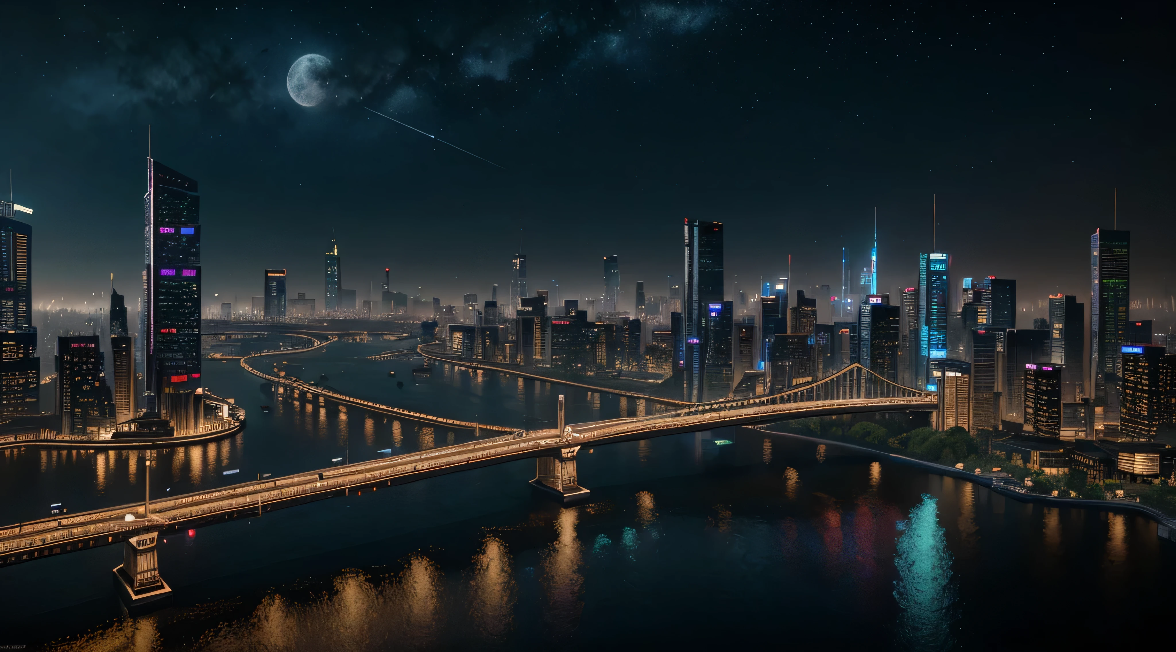 {{masterpiece, best quality, extremely detailed CG, unreal engine 4 8k wallpaper, cinematic lighting}}, city skyline, cyberpunk world, cyberpunk 2077, blade runner, river at the bottom of the shot, bridge on the left, nighttime, starry sky, small brigt moon, advertising boards, advertising blimp, 