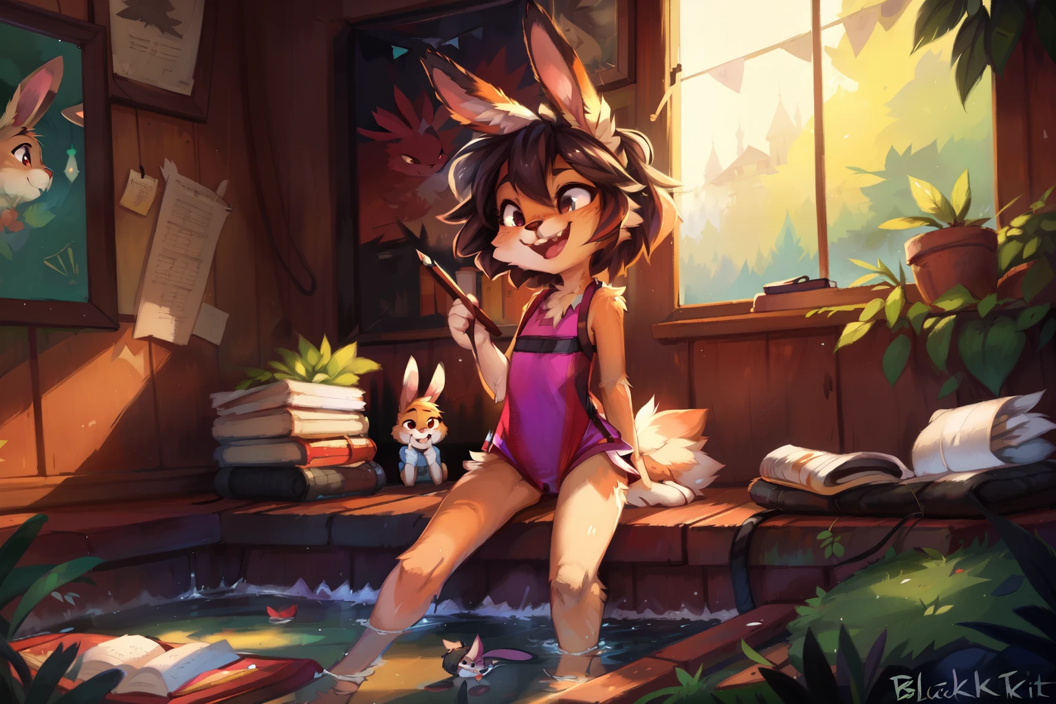 by kenket, by Zackary911, by hyattlen, by teranen, by fumiko, by Pixelsketcher, by Bayard Wu, by Einshelm, by Kilinah, by Hioshiru, by fluff-kevlar, by Dimwitdog, (((by blackkitten))), Furry, Anthro, ((bunny)), ((females)), ((young)), ((slender)), ((narrow hips)), ((thin legs)), ((thigh gap)), ((fluffy tail)), sitting in water, innocent look, floppy ears, ears down, short hair, indoor school swimming pool, modest onepiece swimsuit, talking, laughing