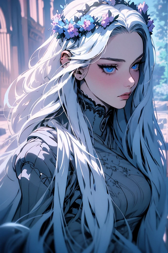 hyper-realistic  of a mysterious woman with flowing silver hair, piercing blue eyes, and a delicate floral crown, backwards, looking back, upper body