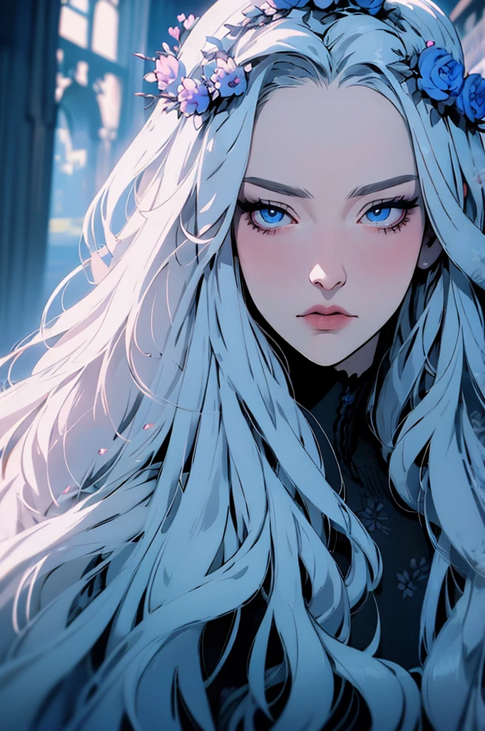 hyper-realistic  of a mysterious woman with flowing silver hair, piercing blue eyes, and a delicate floral crown, backwards, looking back, upper body