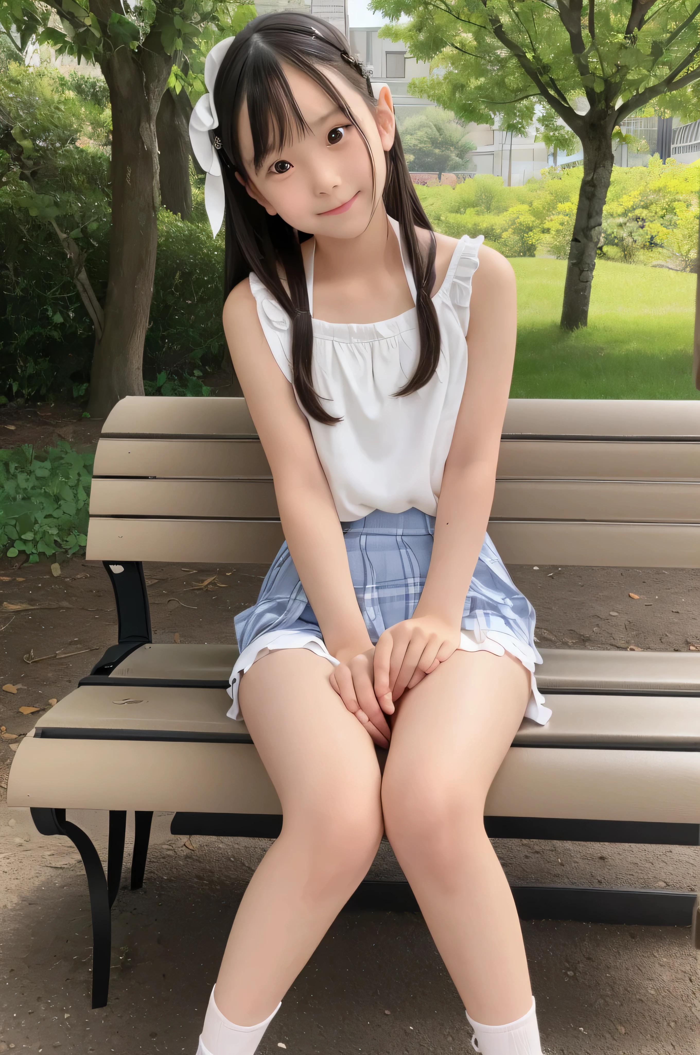 Araffe asian girl sitting on a bench in a park - SeaArt AI