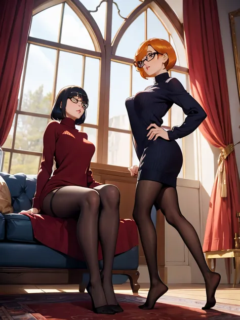 Show entire body, feet in view, Velma and Daphne, sweater dresses, both wearing pantyhose, no shoes, luxurious house, huge windo...