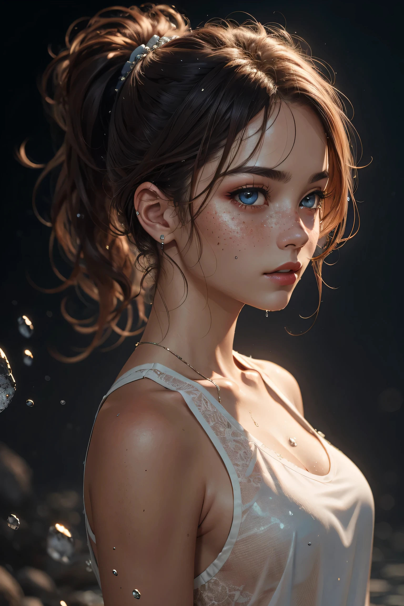 girl,detailed background, atmospheric, hair flowing in the wind,, auburn hair in ponytail, full body image, wearing see through wet white clothes, , tan skin, oily skin, wet hair, freckles, blue eyes, goth makeup, floating particles, backlightinasterpiece))), (((masterwork))), ((top quality)), ((best quality)), ((highest quality)), ((highest fidelity)), ((highest resolution)), ((highres)), ((highest detail)), ((highly detailed)), ((hyper-detailed)), (((detail enhancement))), ((deeply detailed)), awe inspiring, breathtaking, uhd, hdr, fhd, 8k, 16k, 32k, k, meticulous, intricate, intimate, nuanced, (((the most beautiful images in existence))), (((the most beautiful artwork in the world))), (RAW photo, film grain), caustics, subsurface scattering, reflections, photorealistic, 35mm, , natural skin texture, hyperrealism, sharp,