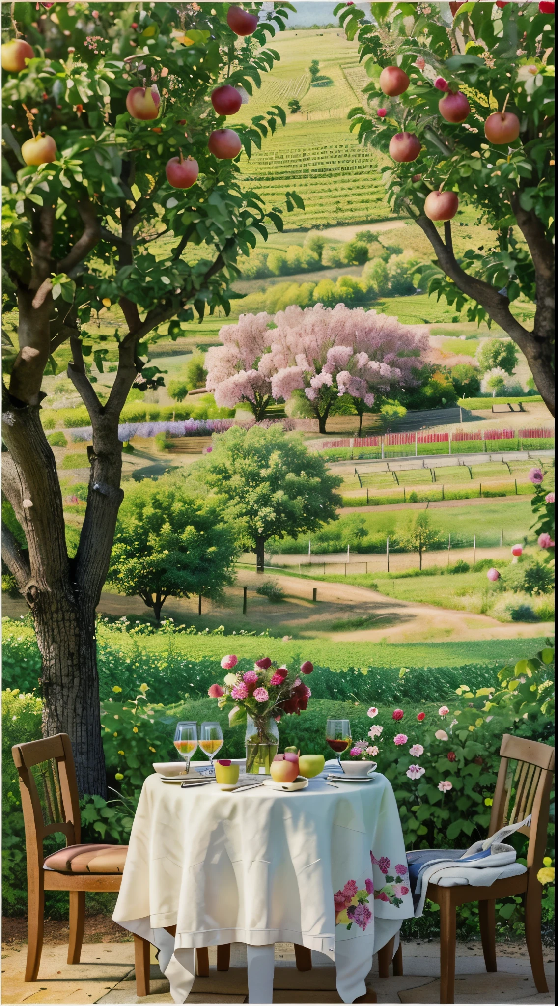 Painting of a table with a white table cloth and a vase of flowers ...