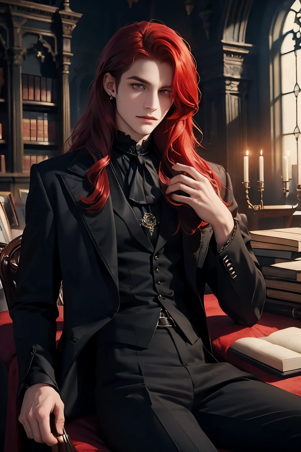 ((Best quality)), ((masterpiece)), (detailed), ((perfect face)), ((halfbody)) perfect proporcions, He is a handsome boy, he is 18 years old, he has long wavy red hair, he dresses in black gothic Victorian clothing, he is inside a gothic library, he has a book in his hand, he has black victorian shirt, ((perfect face)) fullbody+ , vampire ambience red hair 