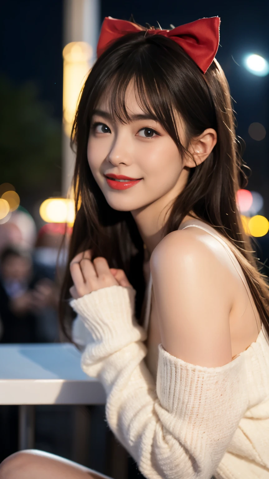 (extremely delicate and beautiful: 1.2), 1girl, bangs, blue eyes, blur, blur background, bow, brown hair, shut up, side view, hair between eyes, hair bow, lantern, light particles, long sleeves, look looking at audience, medium hair, night, red bow, solo, stars(symbol),nude upper body, smile, red lips,sexy model pose, kneeling,